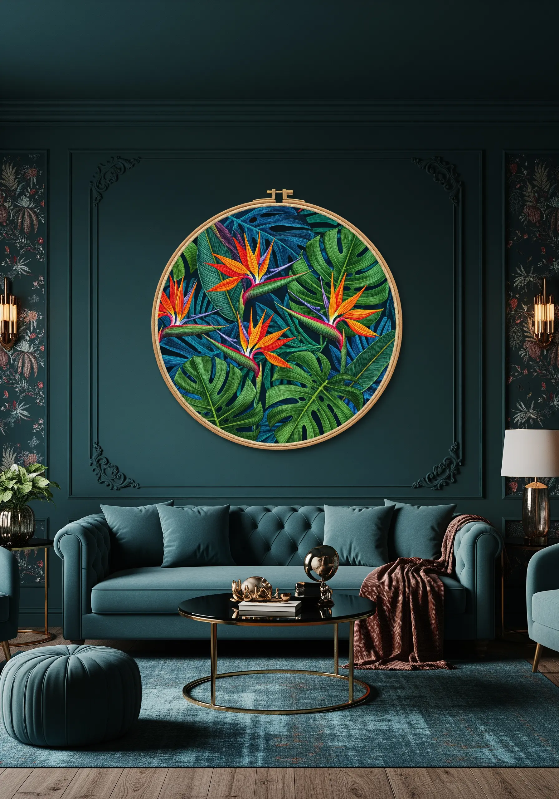 A large embroidery hoop filled with a dense composition of tropical leaves and bird of paradise flowers.