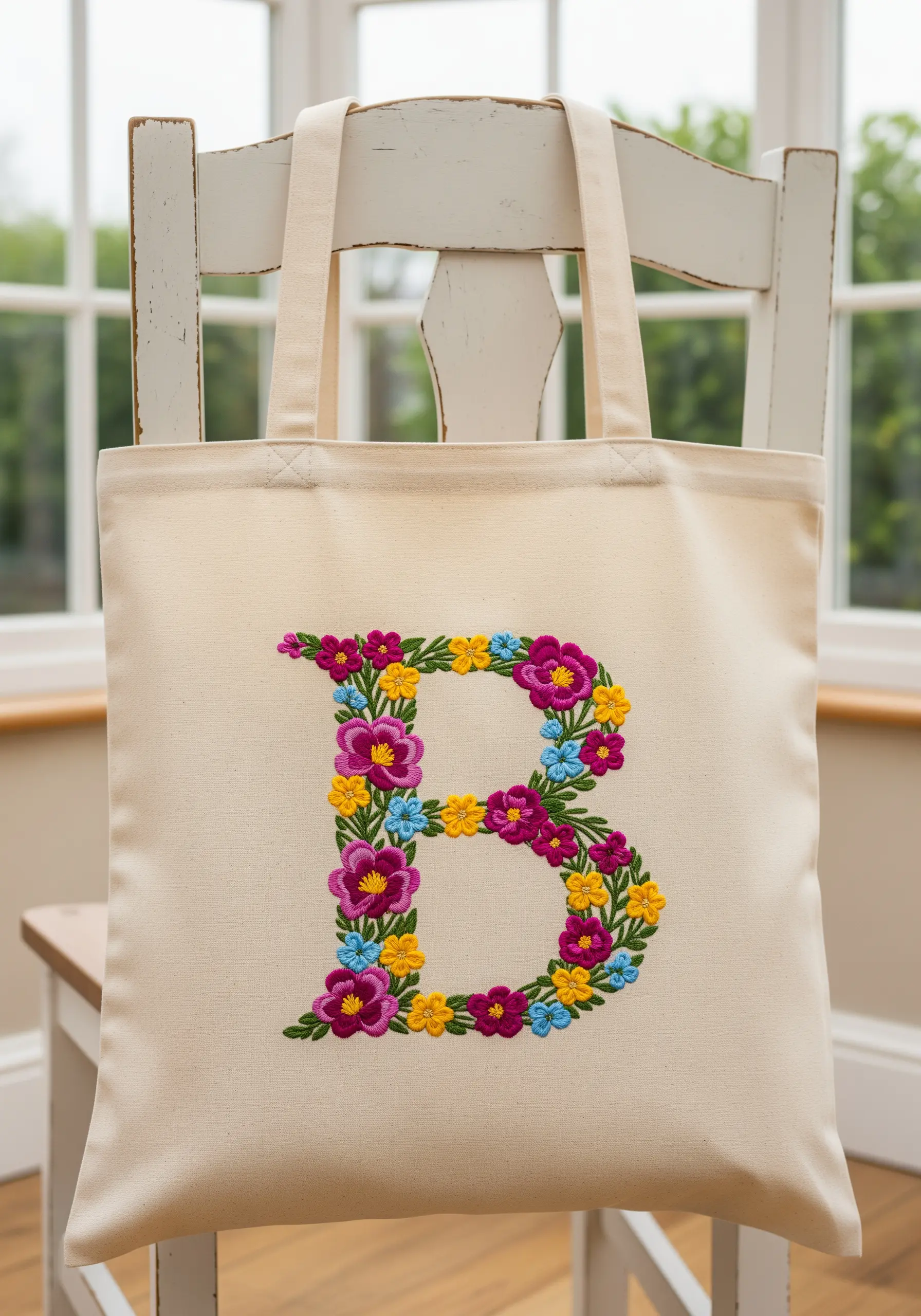 Canvas tote bag embroidered with a large floral letter 'B' in pink, yellow, and blue.