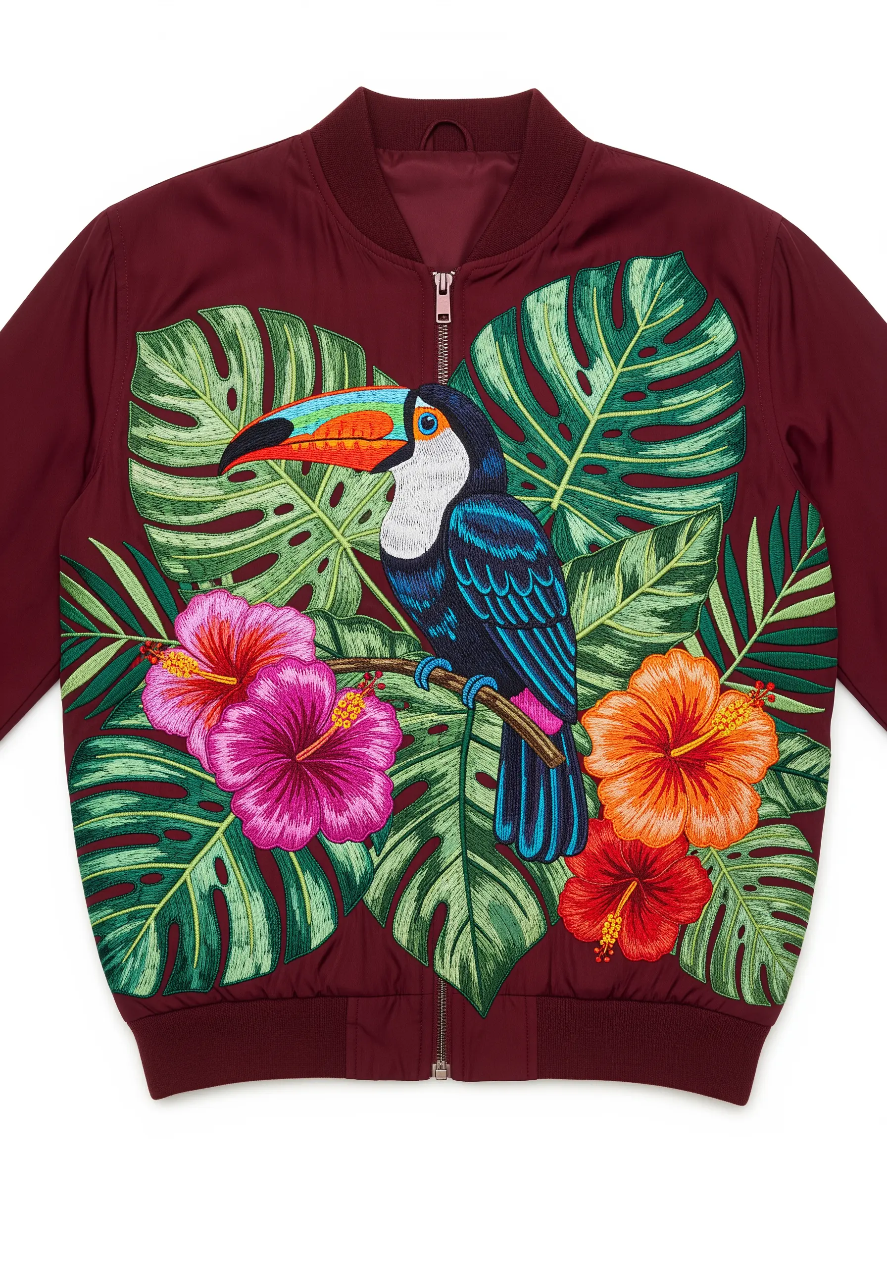 Detailed embroidery of a toucan and tropical flowers on a burgundy bomber jacket.