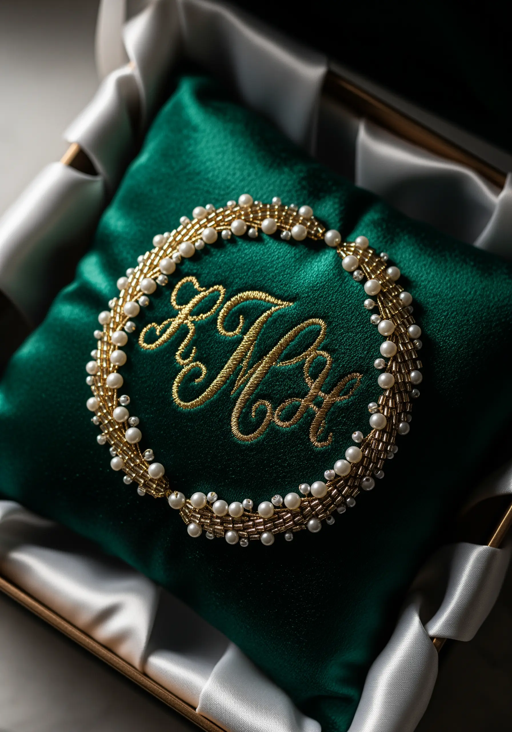 Gold monogram embroidered on a green velvet ring pillow, encircled by a border of pearls and beads.