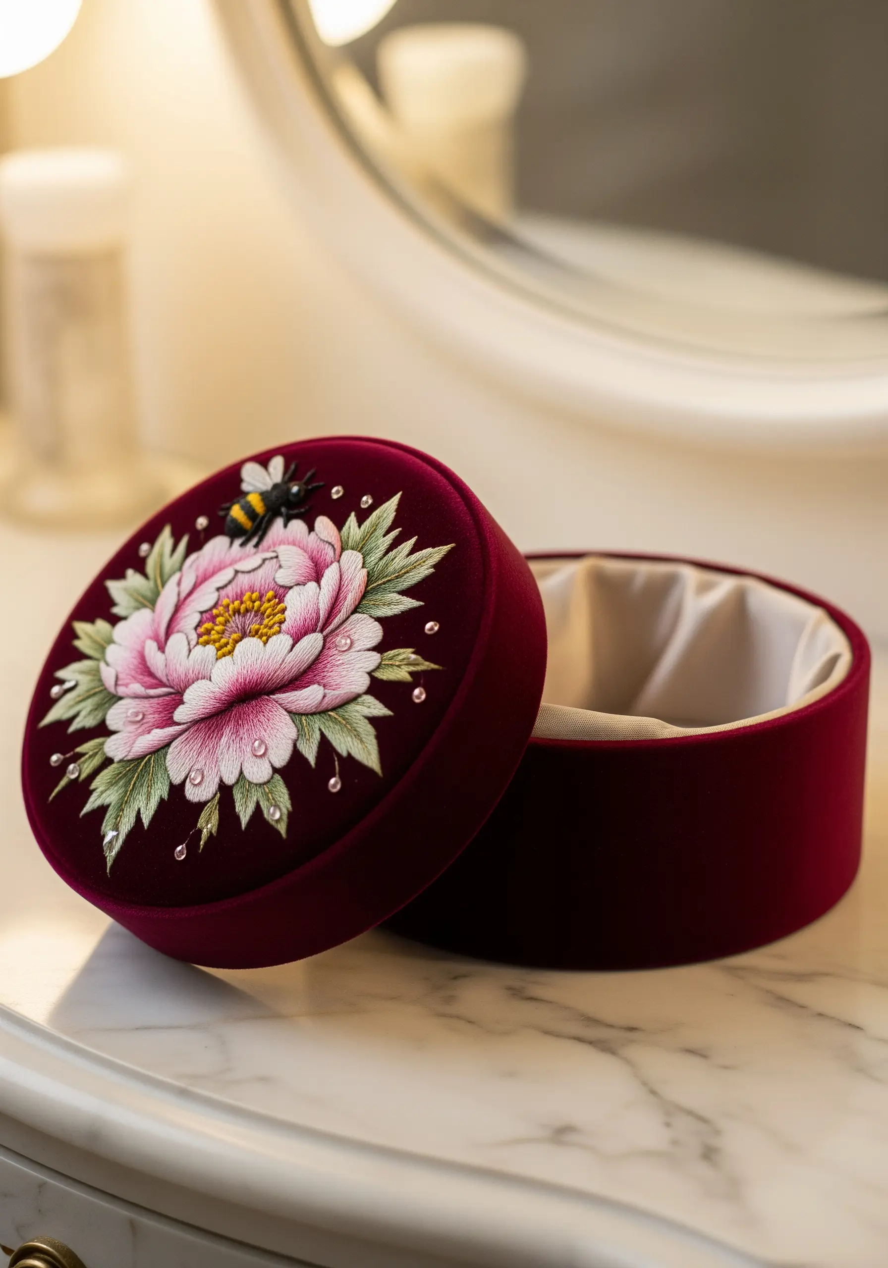 A burgundy velvet jewelry box lid embroidered with a detailed pink peony, green leaves, and a small bee.