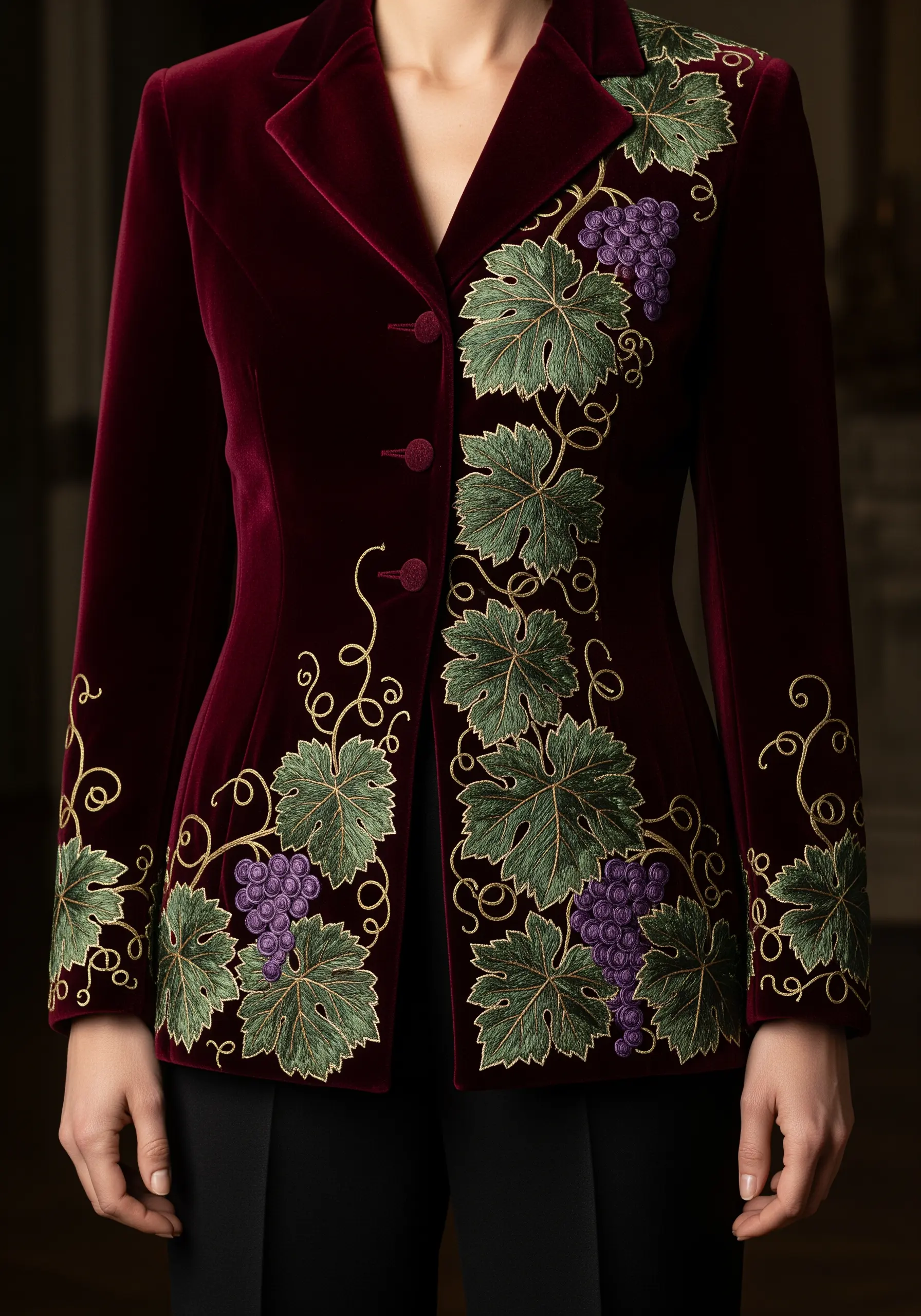 Embroidered grapevine with green leaves and purple grapes on a burgundy velvet jacket.