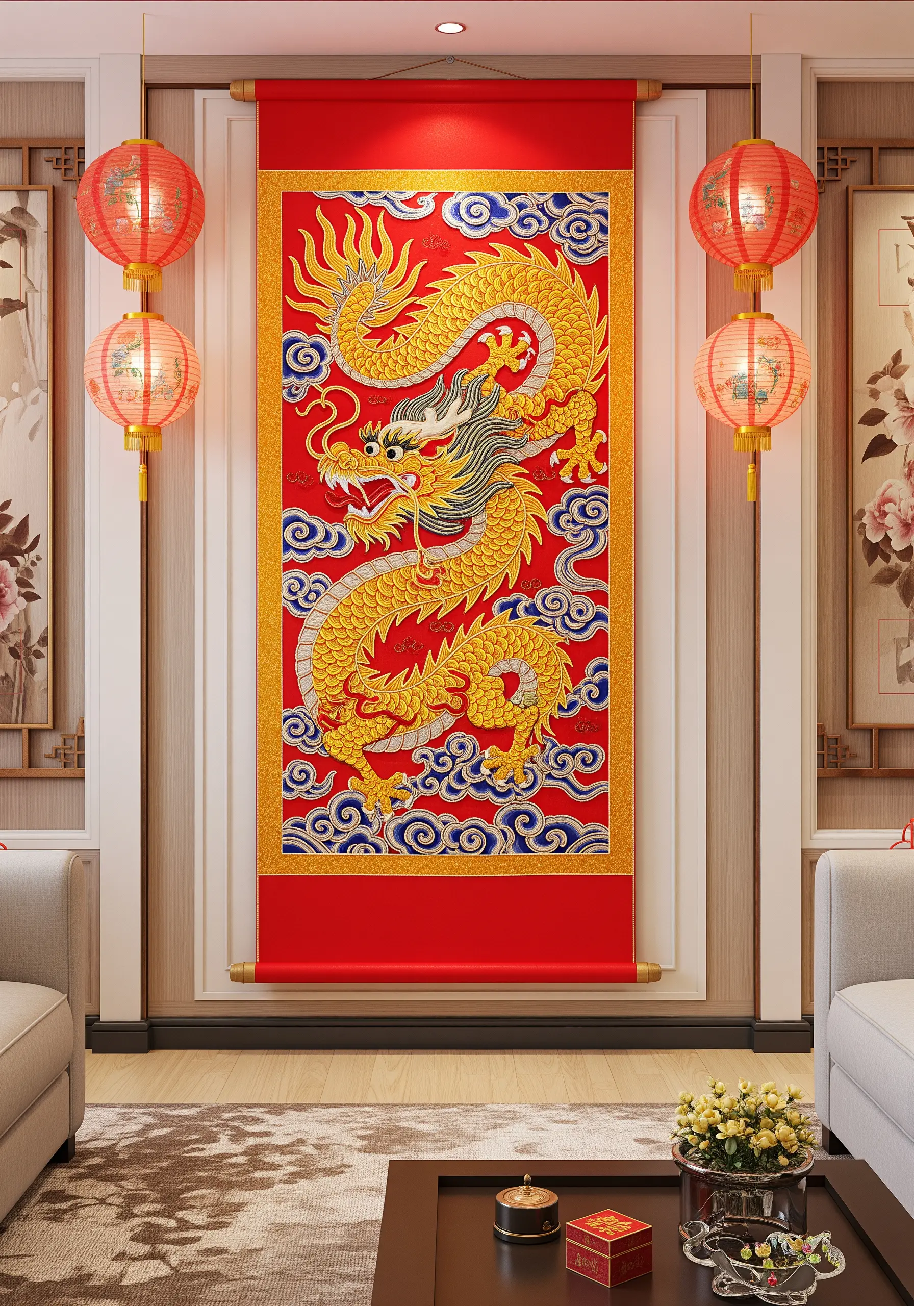 An embroidered Chinese dragon on a red and gold scroll for Lunar New Year.