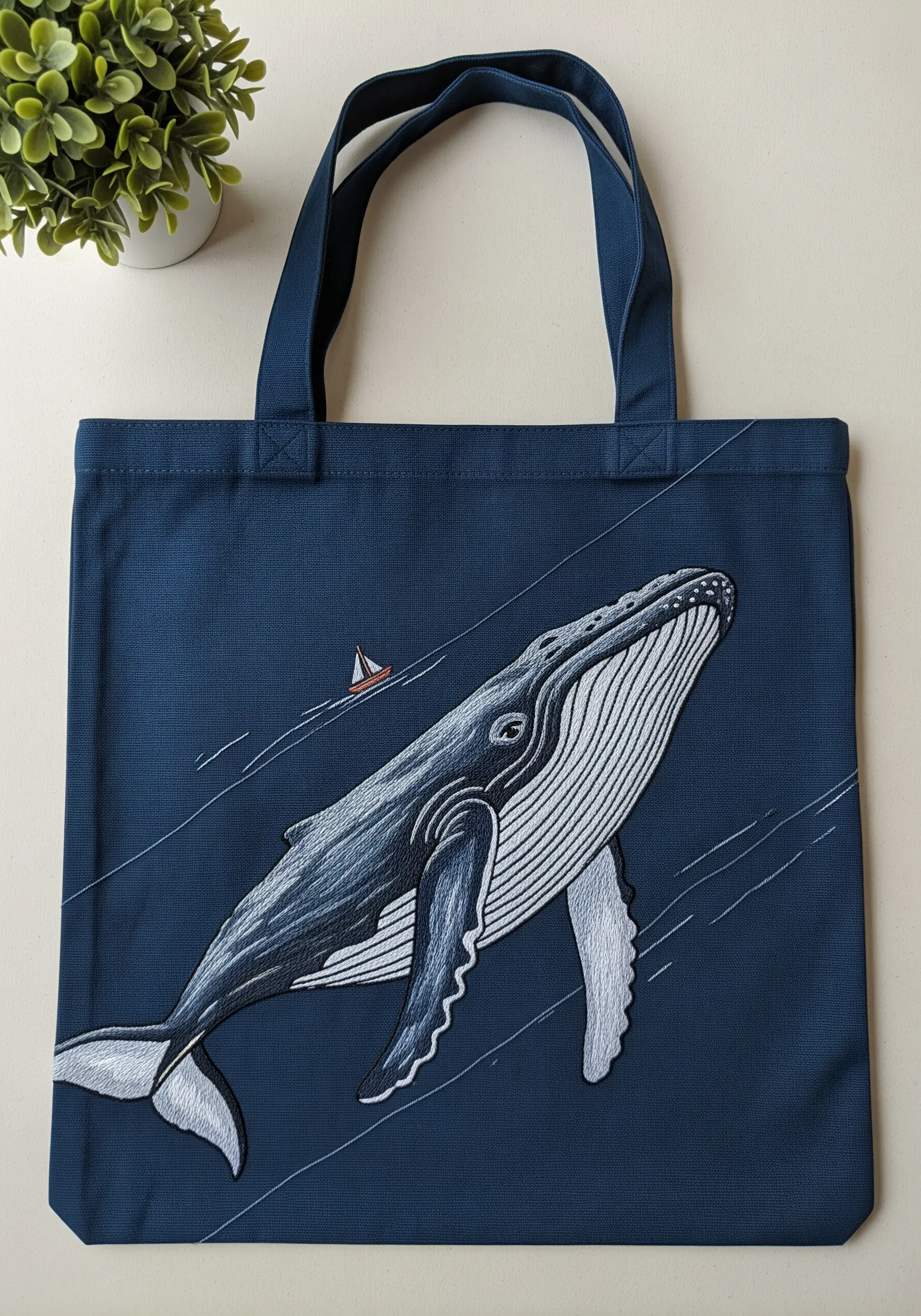 A realistically shaded humpback whale embroidered on a navy blue tote bag.