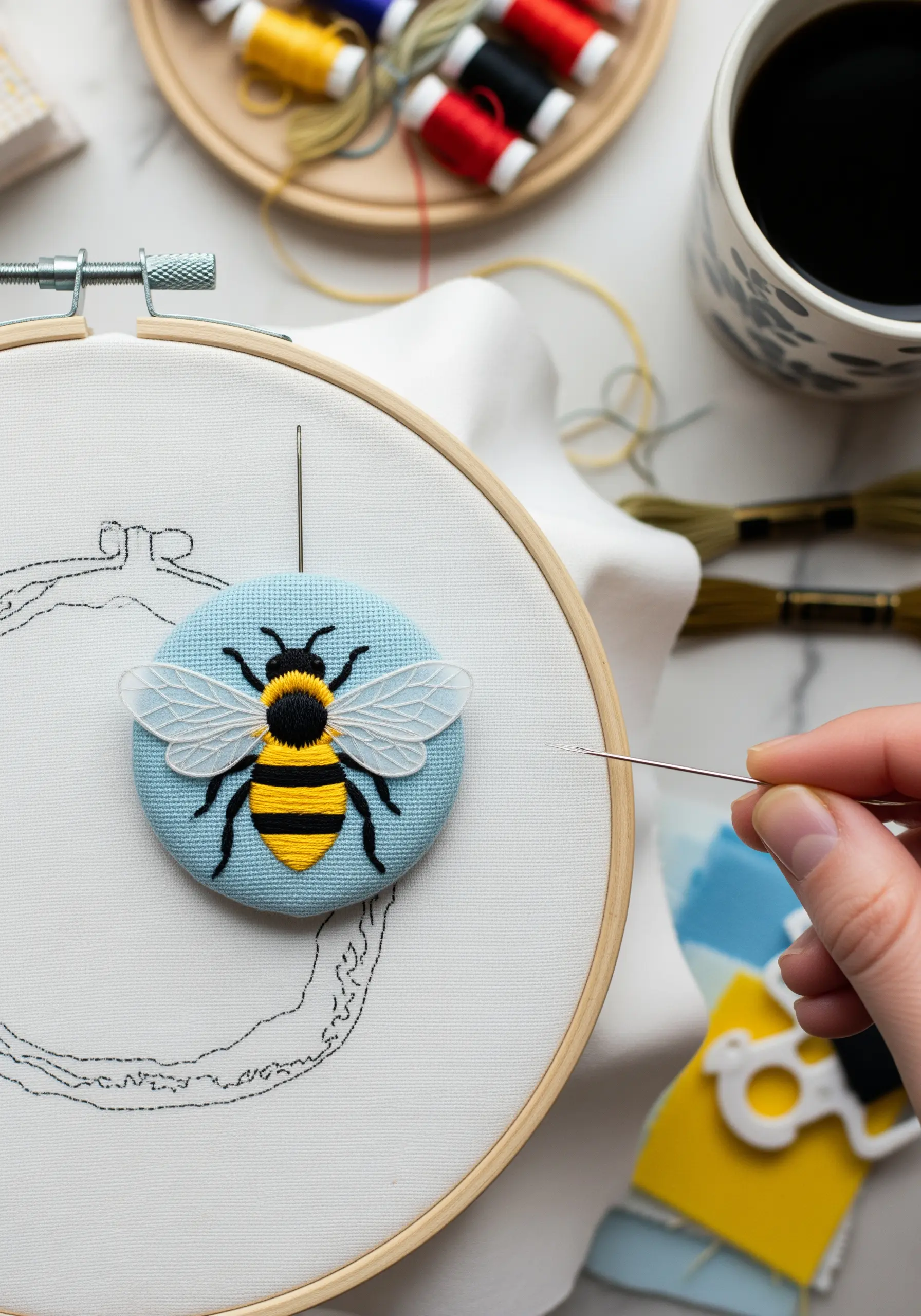 A hand stitching a 3D bee with delicate, transparent wings onto a piece of blue fabric.