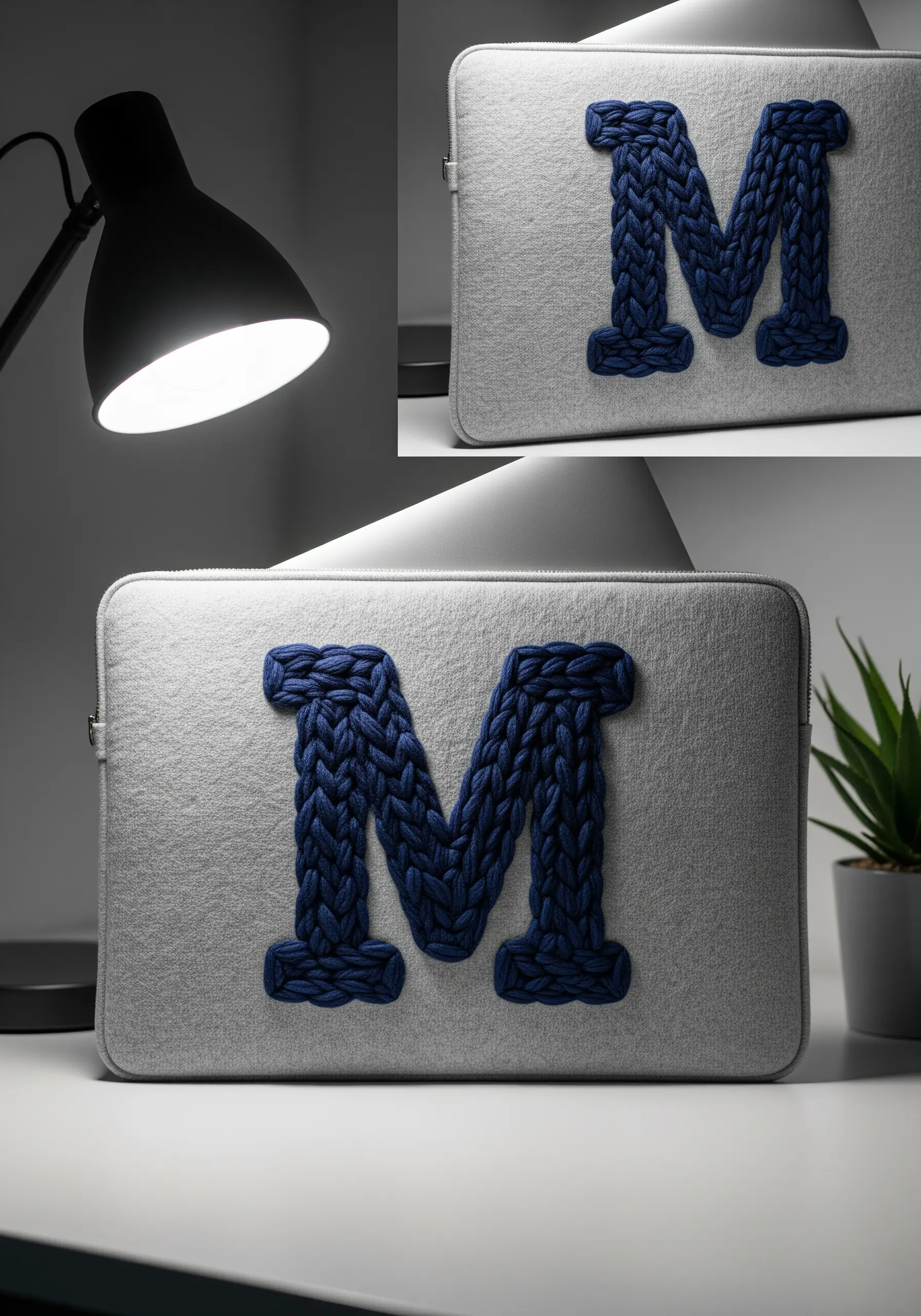 A gray felt laptop sleeve with a large, chunky blue yarn monogram in a knit texture.