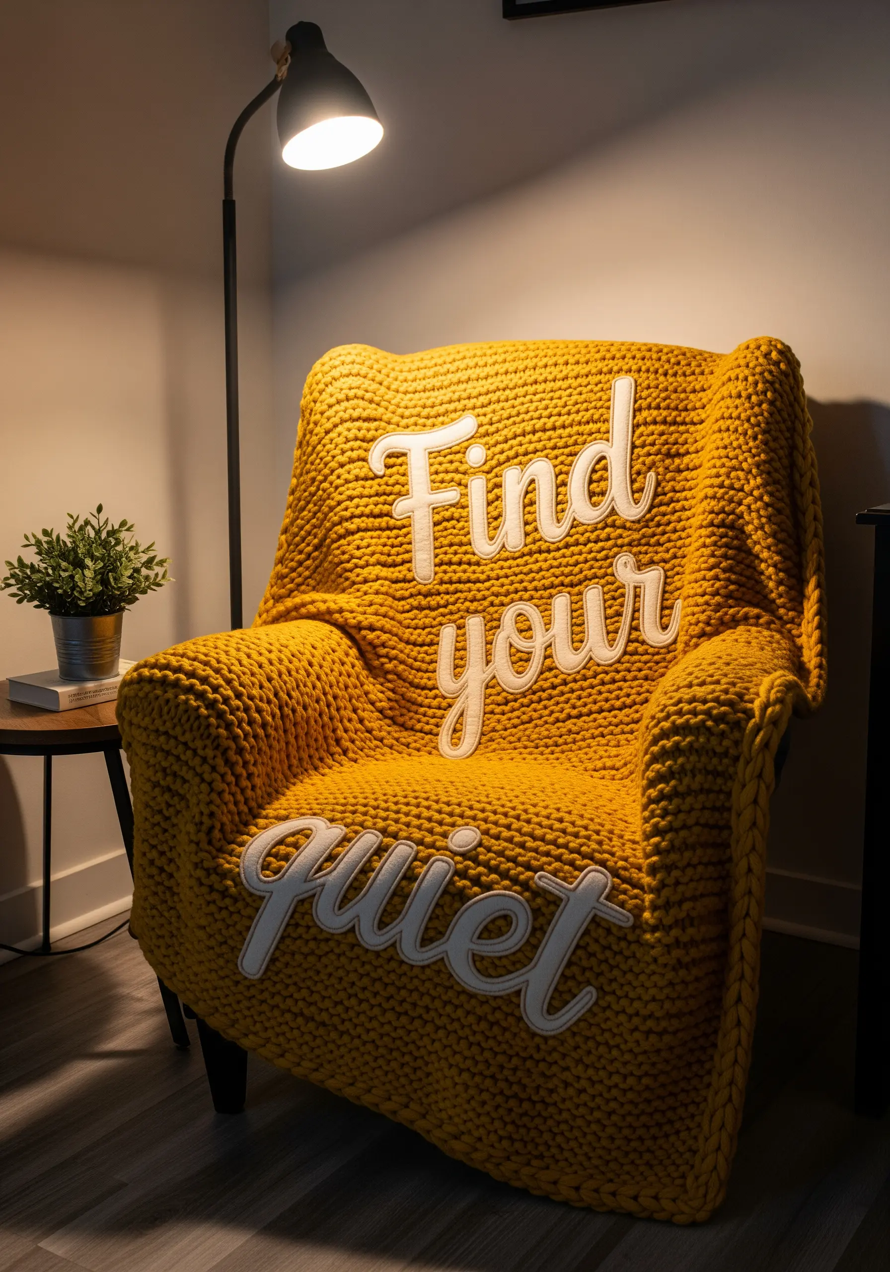 Large white appliquéd letters spelling 'Find your quiet' on a chunky yellow knit blanket