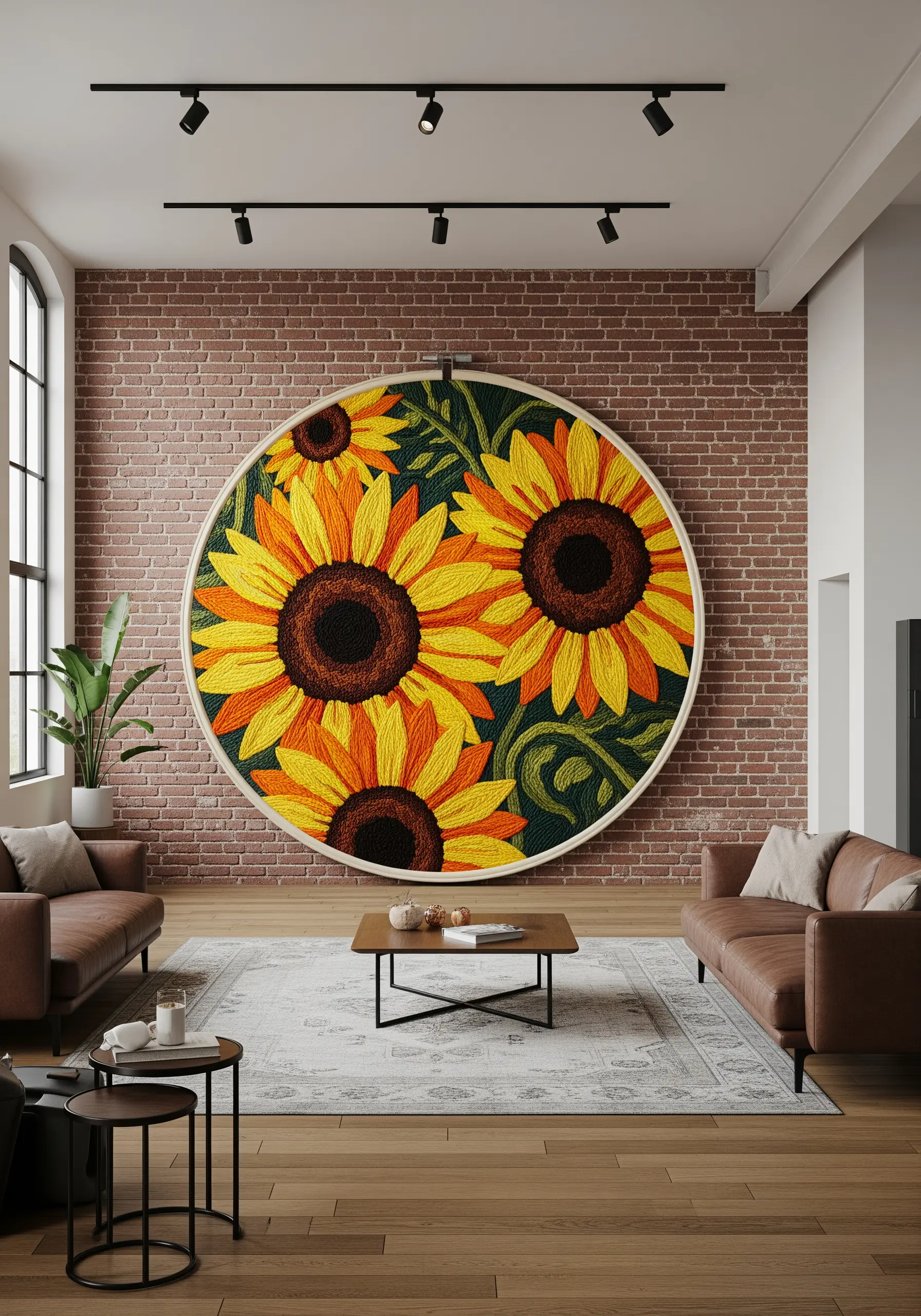 An enormous embroidery hoop with huge, bold sunflowers dominating a modern living room wall.