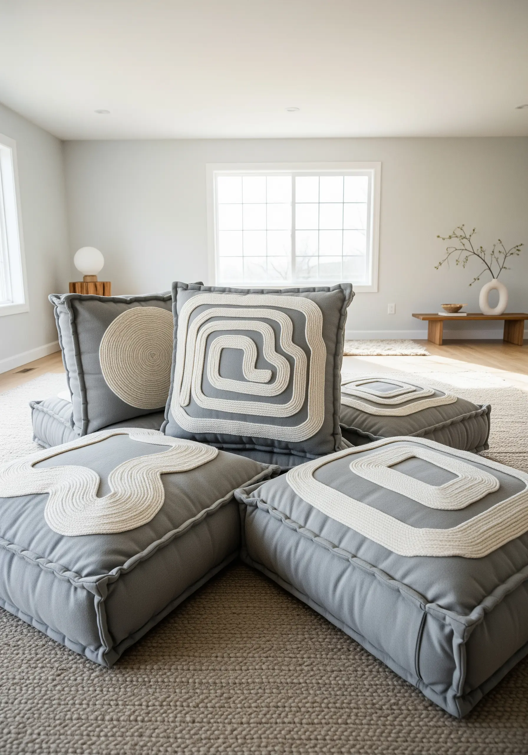 Gray floor cushions decorated with bold, abstract patterns made from thick white couched rope.