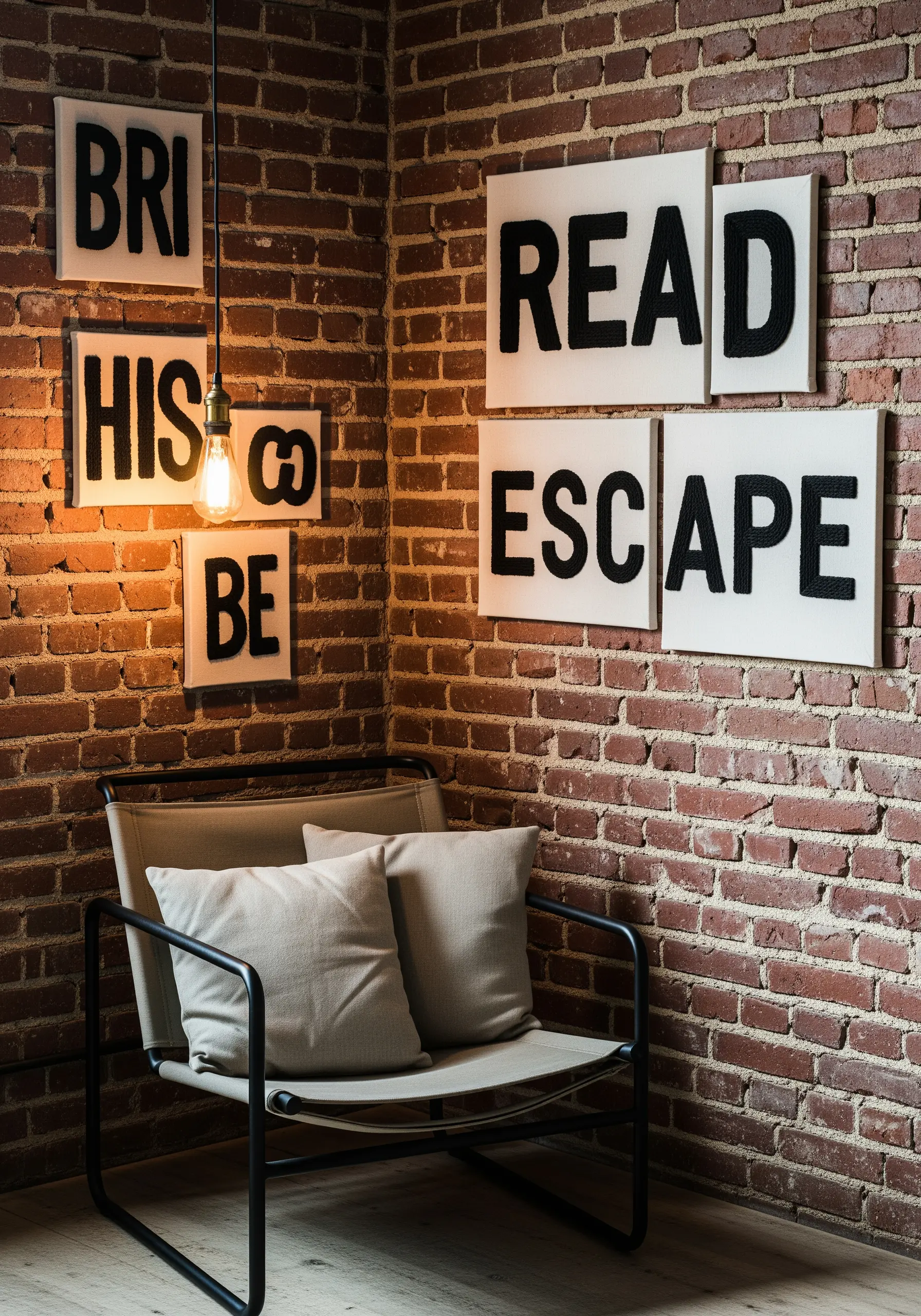 Large stitched black letters on white canvases spelling out words against a brick wall.