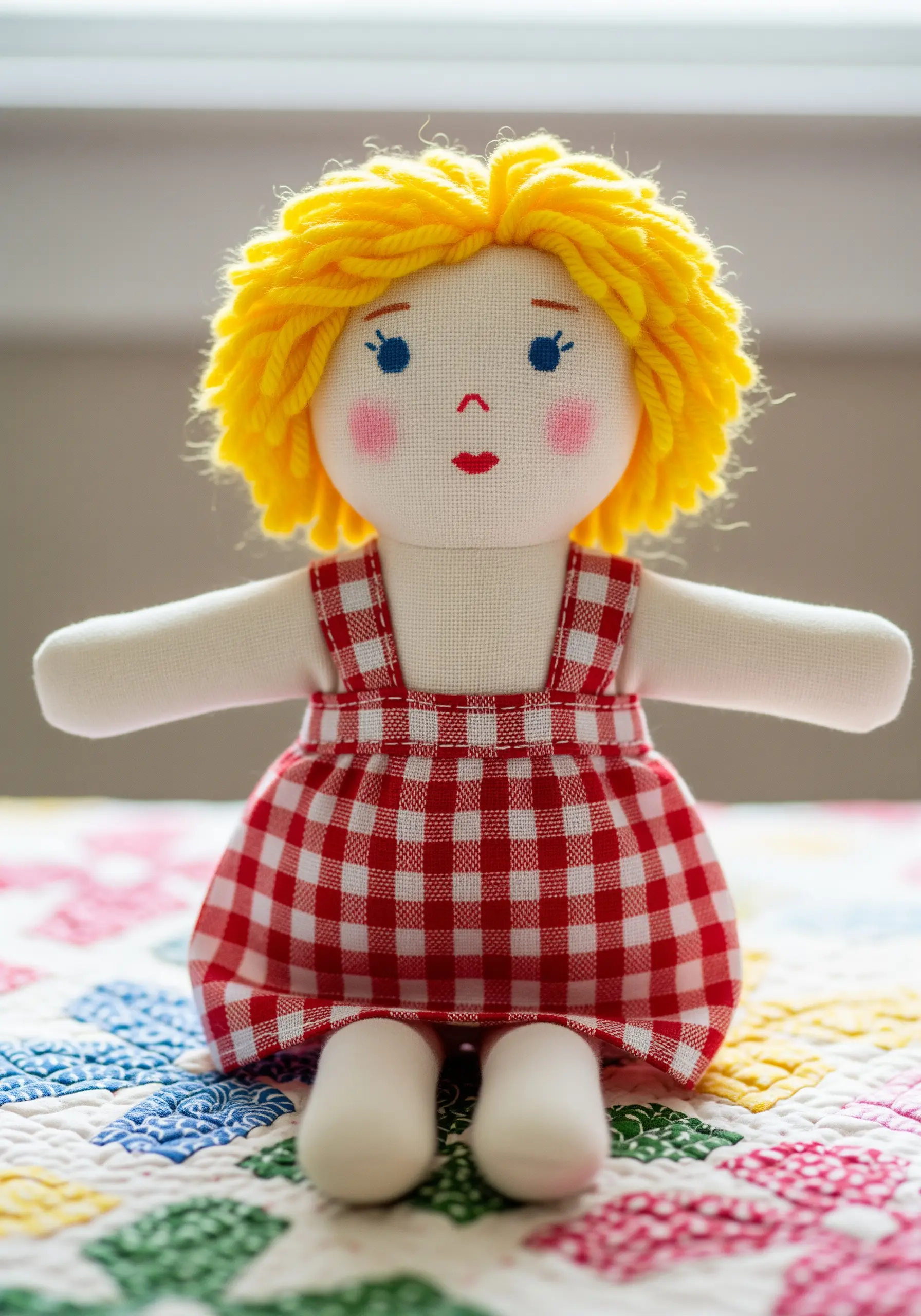 A handmade rag doll with yellow yarn hair and a red gingham dress sitting on a quilt.