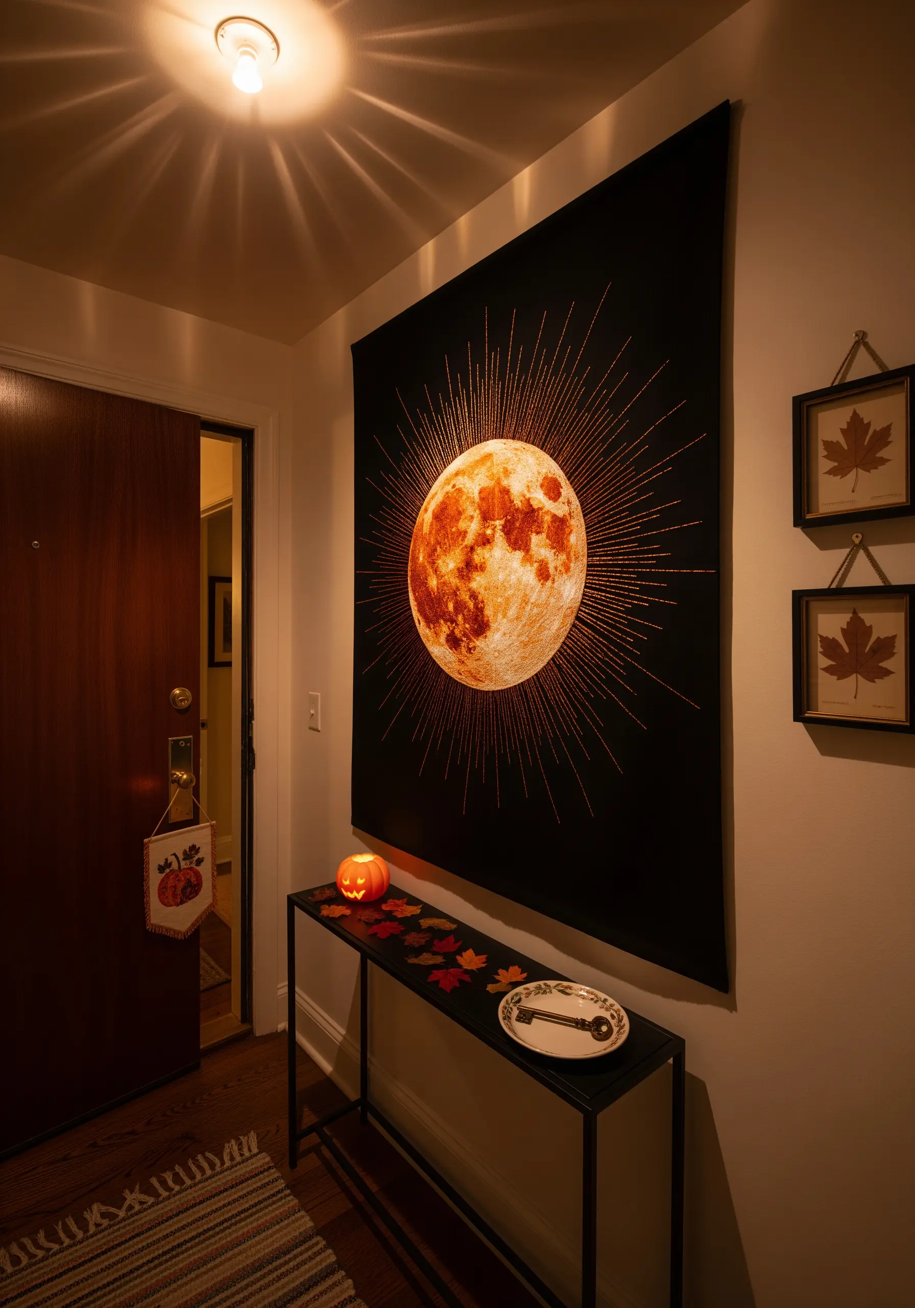 A large black wall tapestry featuring a textured, embroidered harvest moon with radiating gold lines.