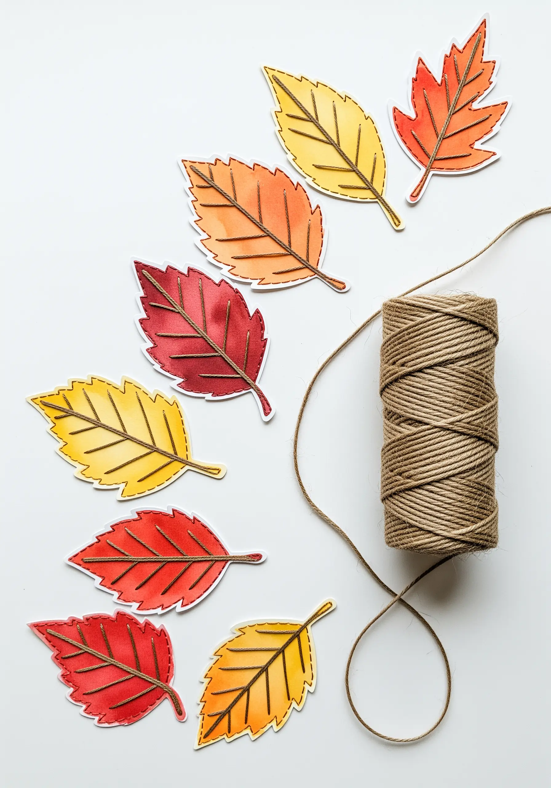 Autumn-colored paper leaves with machine-stitched veins, ready to be strung into a garland.