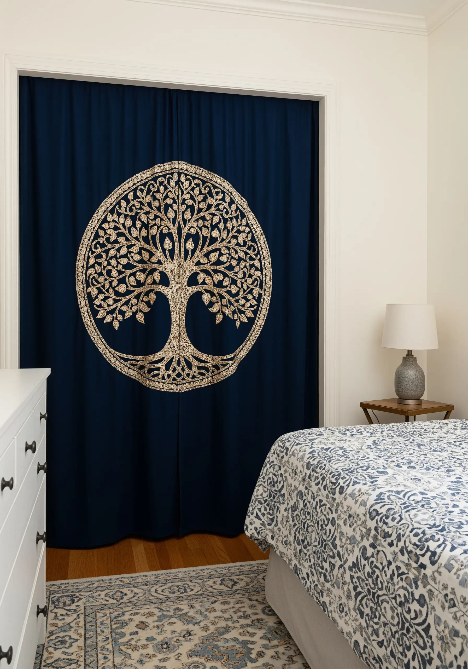 A navy blue door curtain featuring a large, intricately embroidered gold Tree of Life