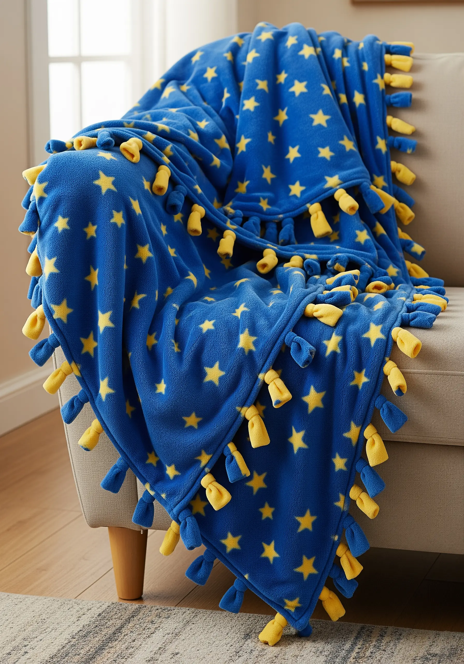 A blue fleece blanket with yellow stars and a tied fringe border, draped on a sofa.