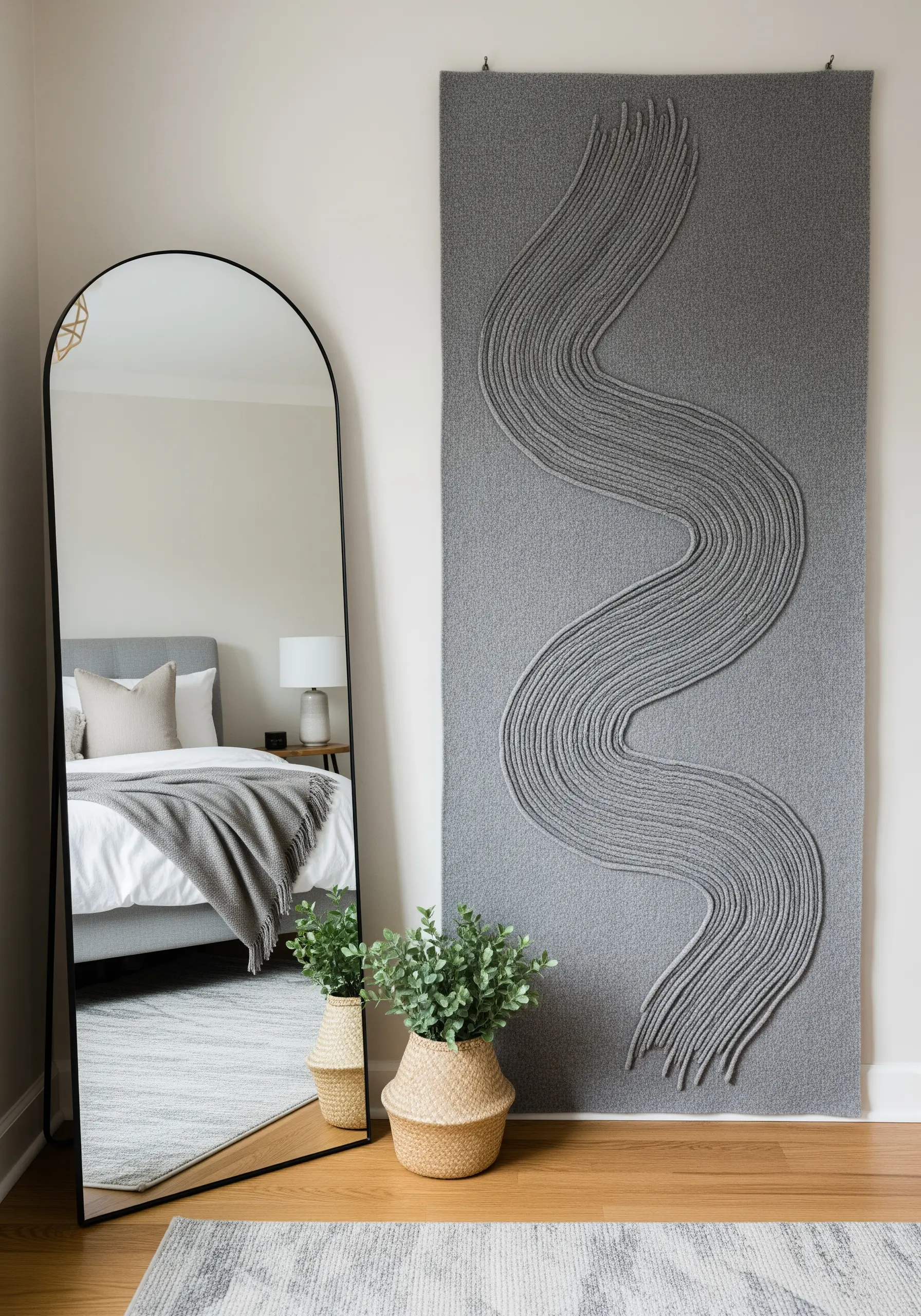 A tall, gray felt wall hanging with a single, large, sculptural S-curve made of couched yarn.