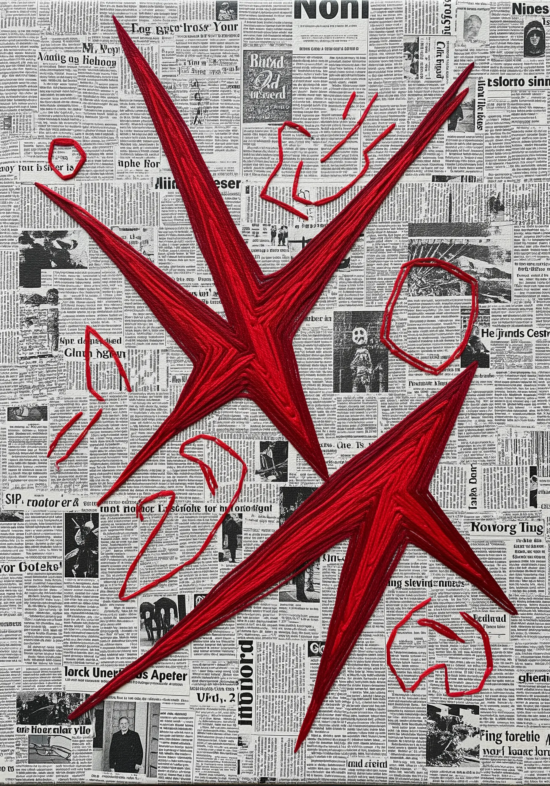 A piece of newspaper is used as a canvas for large, graphic stars stitched in red thread.