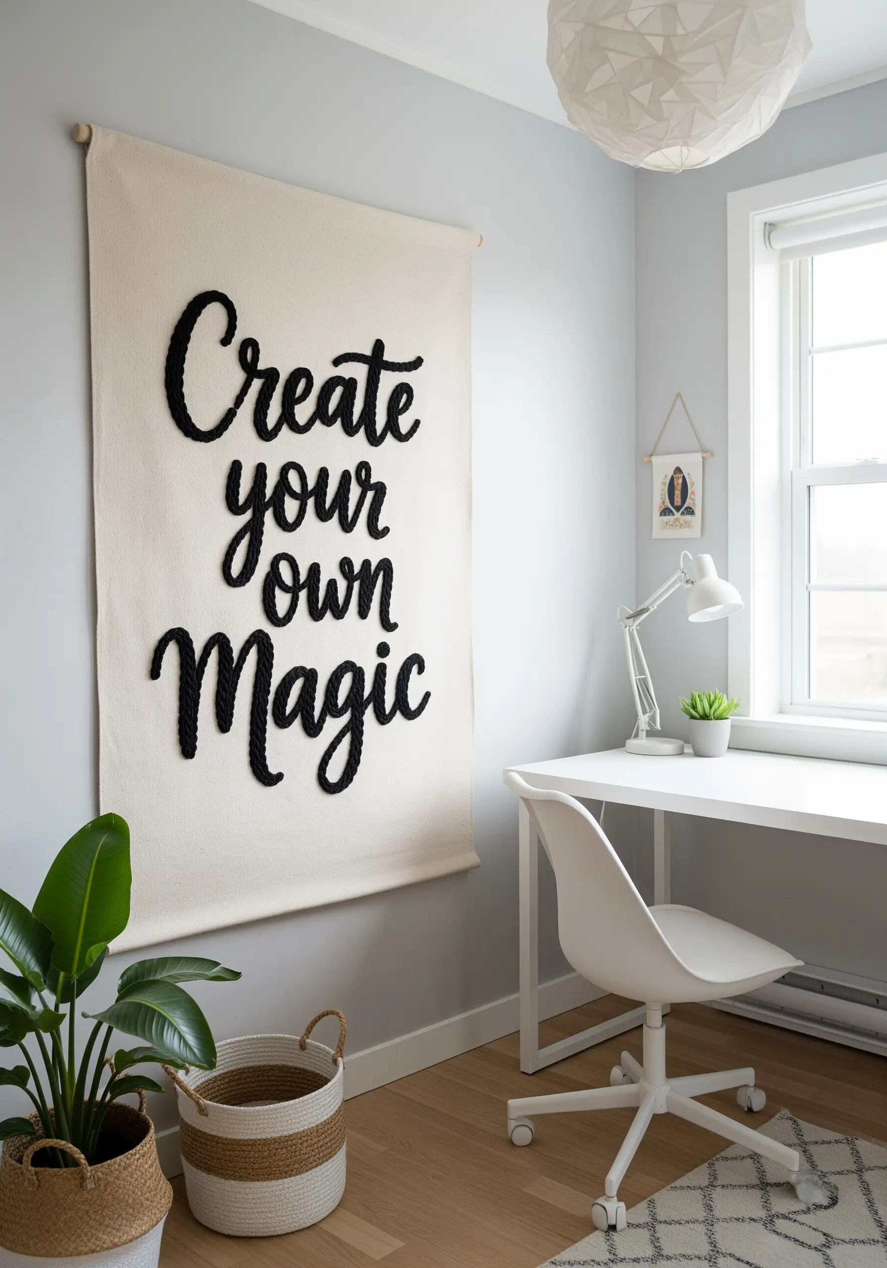 A large canvas wall hanging with the words 'Create your own Magic' in thick black rope.