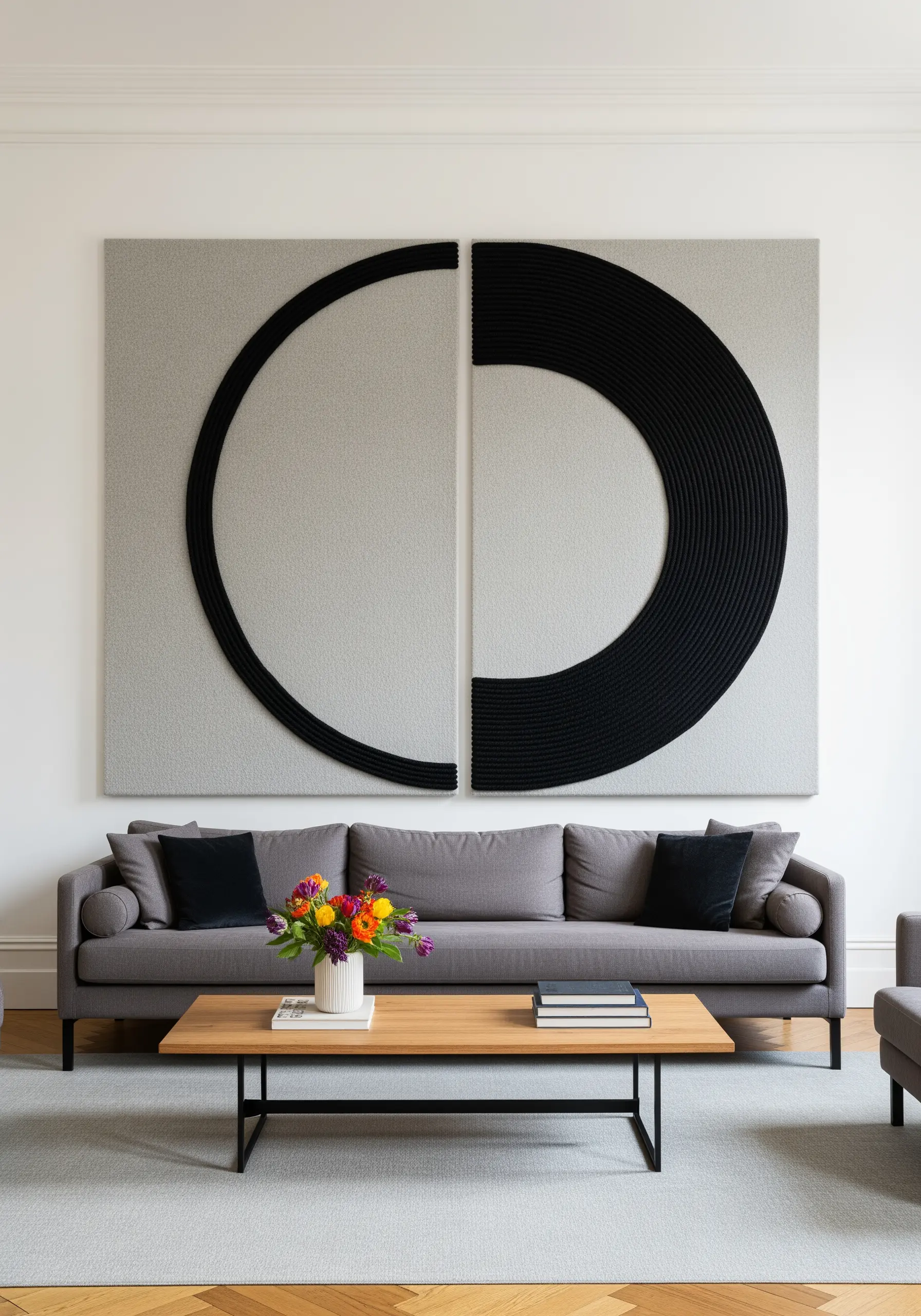 A diptych of two large gray panels featuring a massive, textured black circle split between them.
