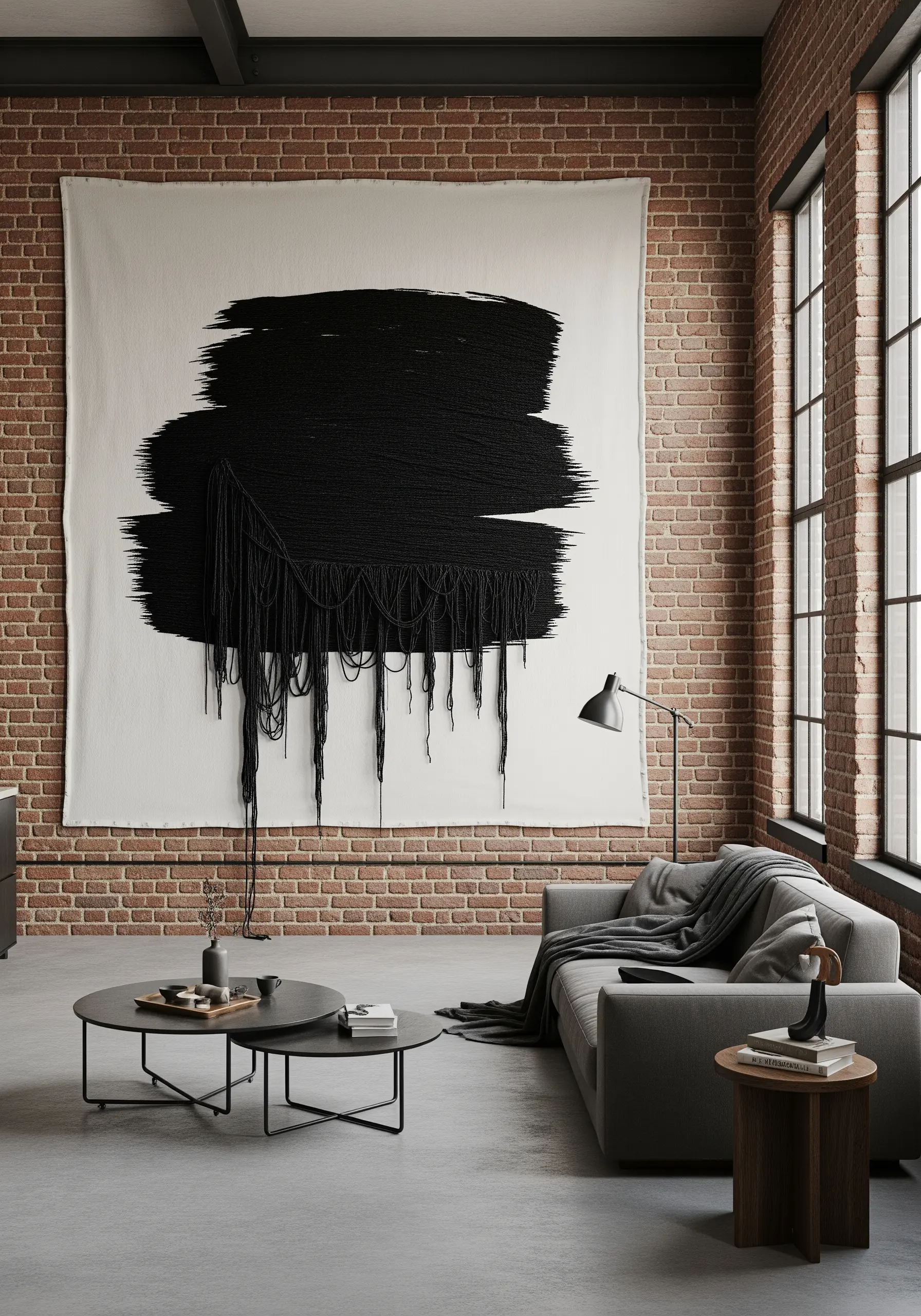 A large abstract textile art piece with a dense black stitched shape and long, loose threads