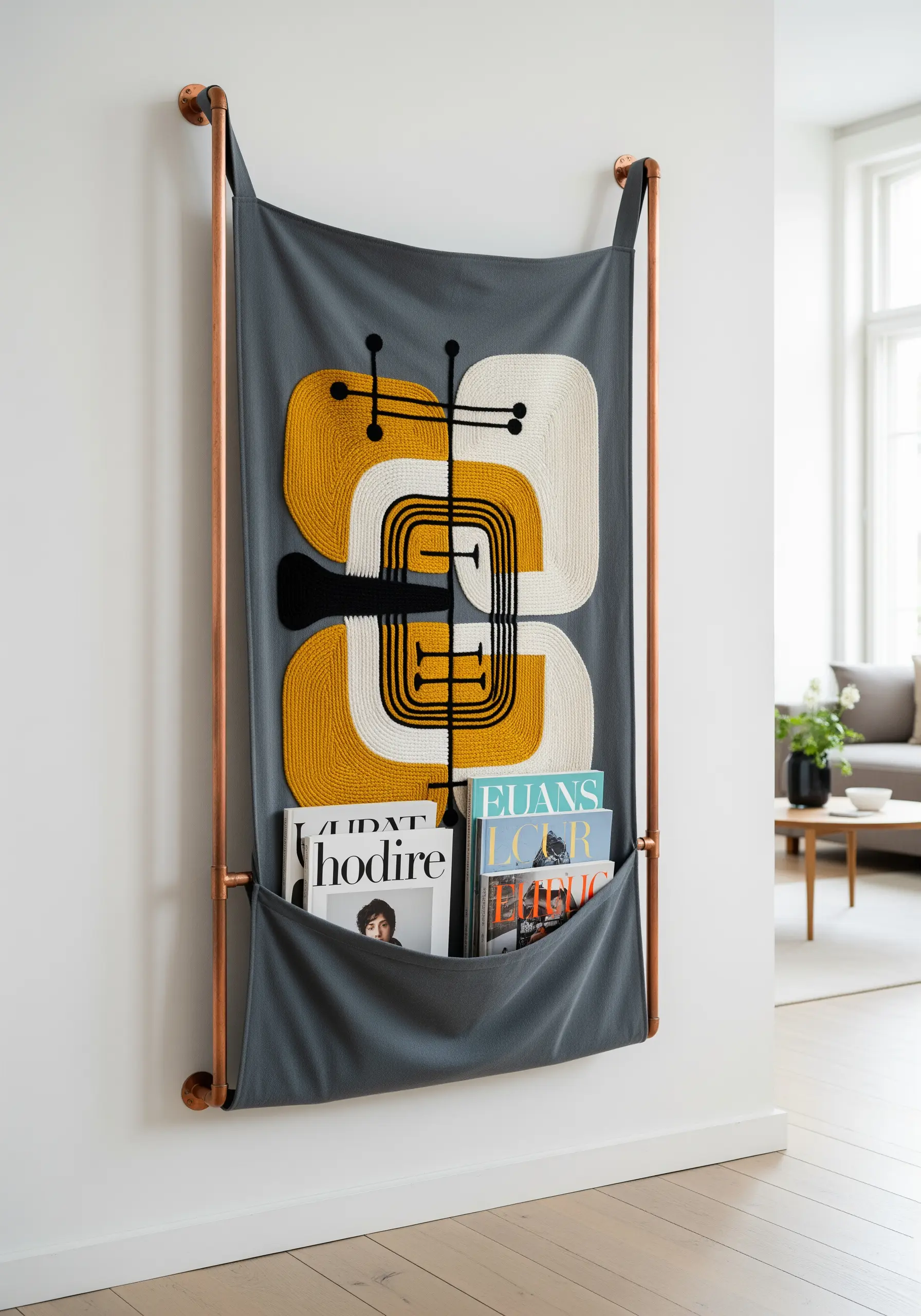 A modern wall-mounted magazine holder with large, abstract embroidery in yellow, white, and black yarn.