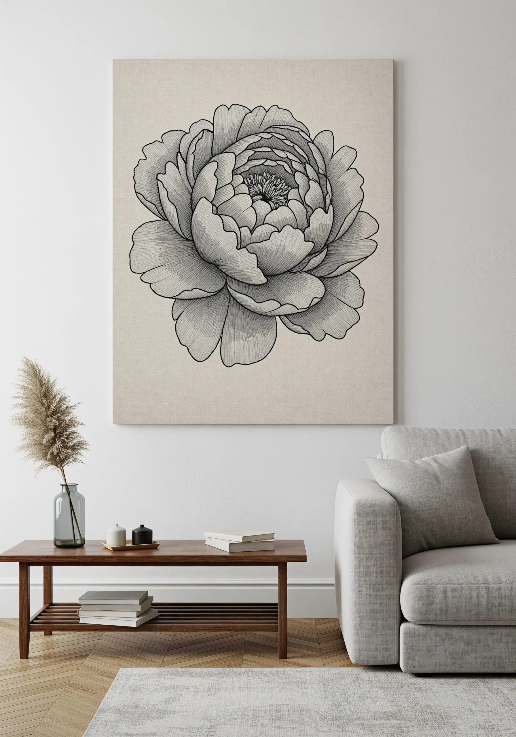 A large canvas featuring a peony rendered entirely in black line art embroidery.