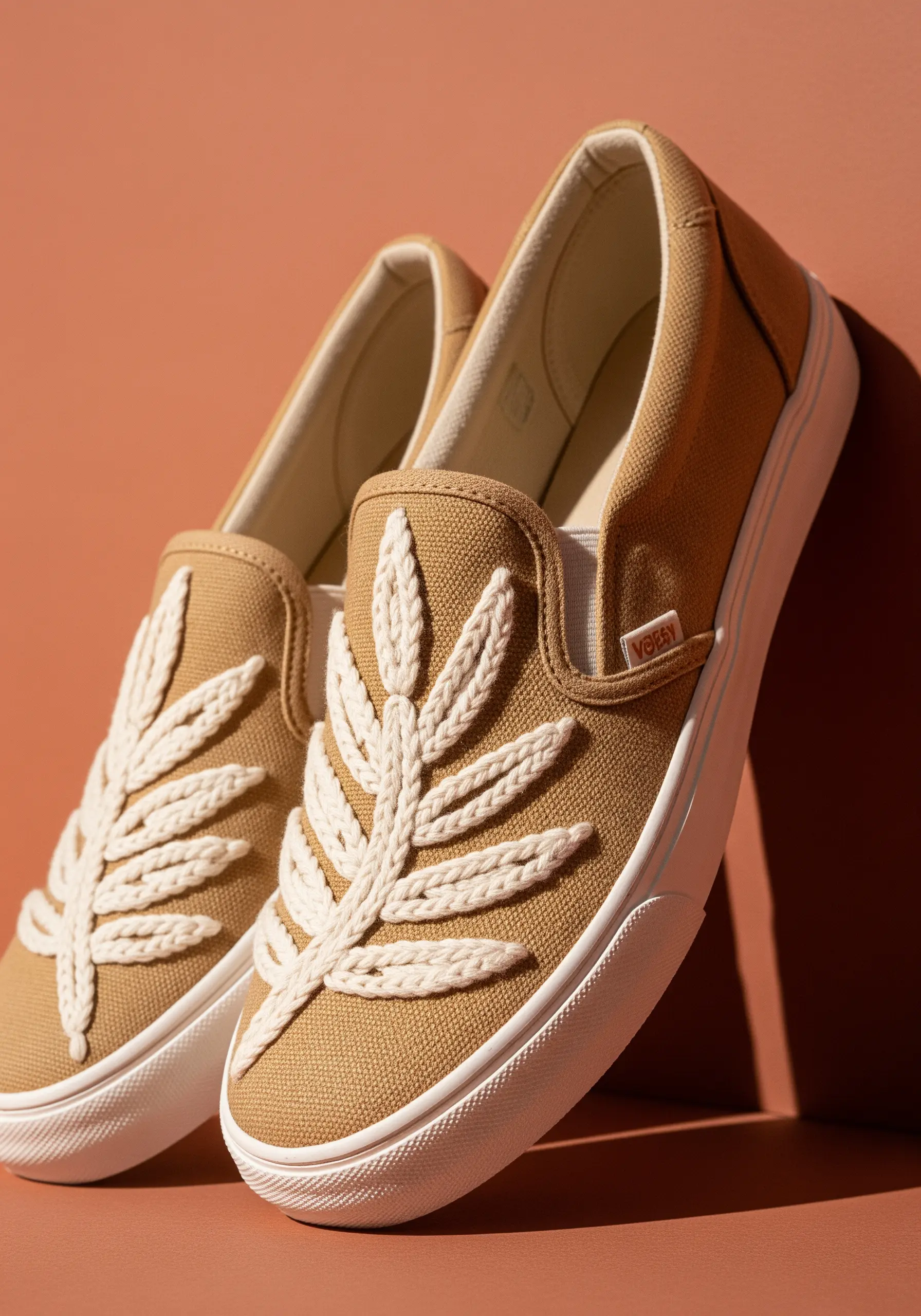 A large, chunky cream-colored yarn fern stitched onto a tan slip-on sneaker.