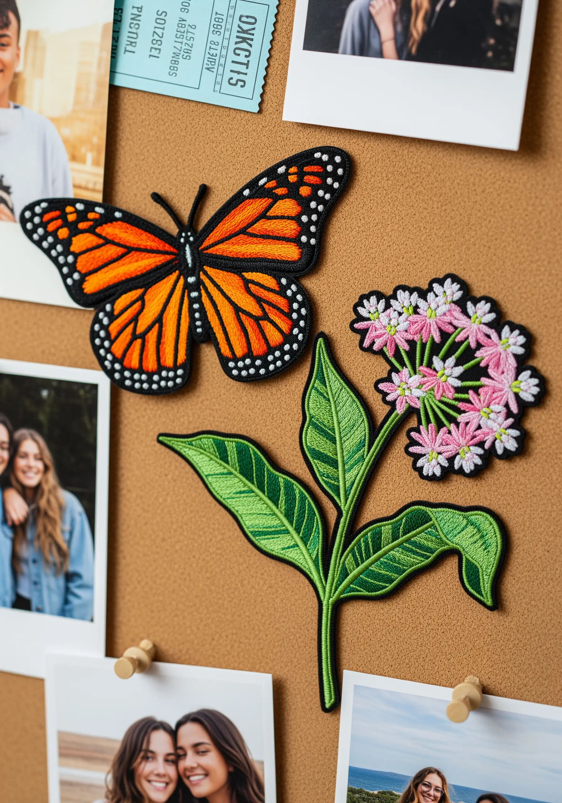 A vibrant monarch butterfly and a flowering milkweed branch embroidered as standalone patches.