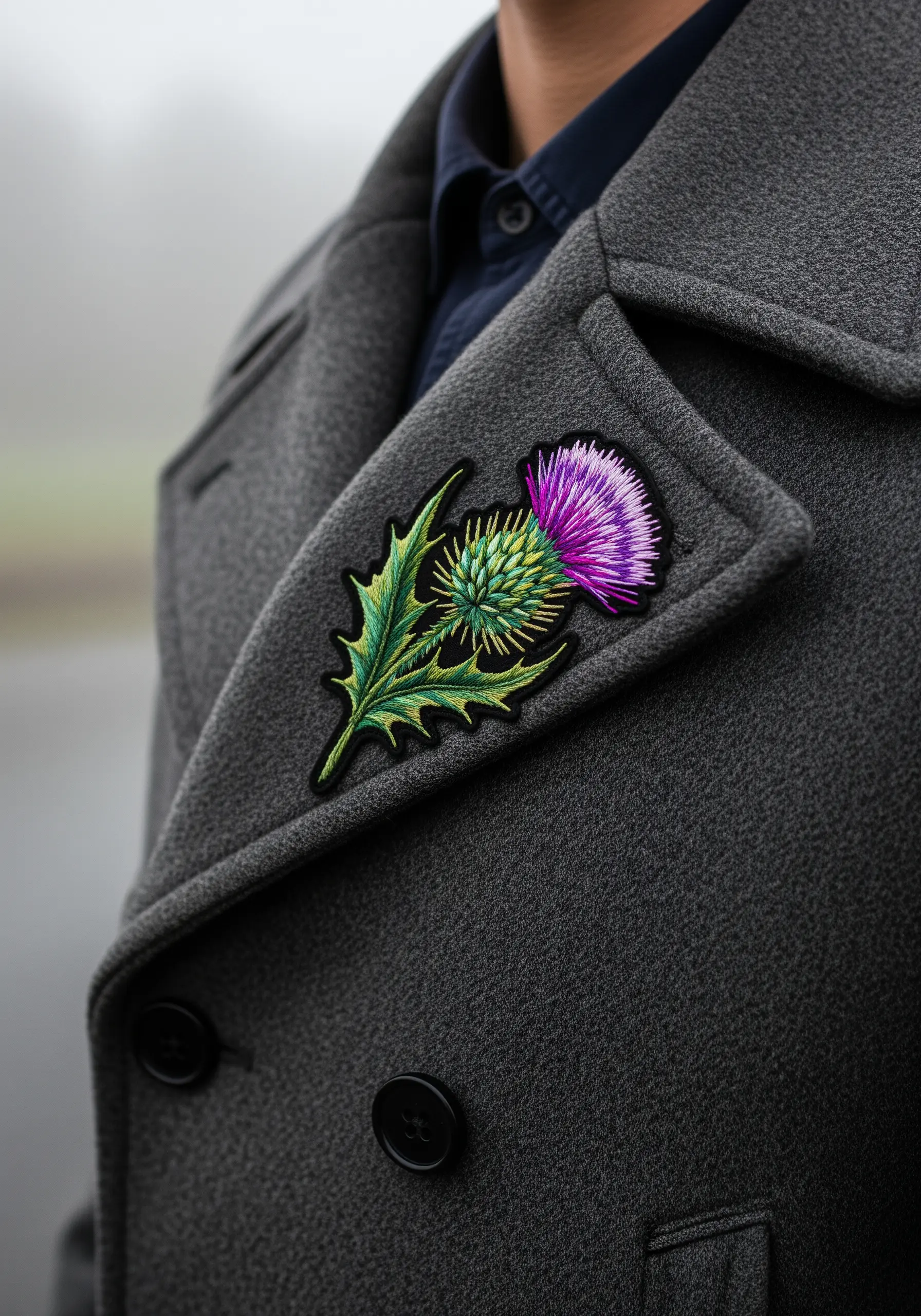 A brightly colored, realistic thistle embroidered as a statement patch on a dark gray wool coat lapel.