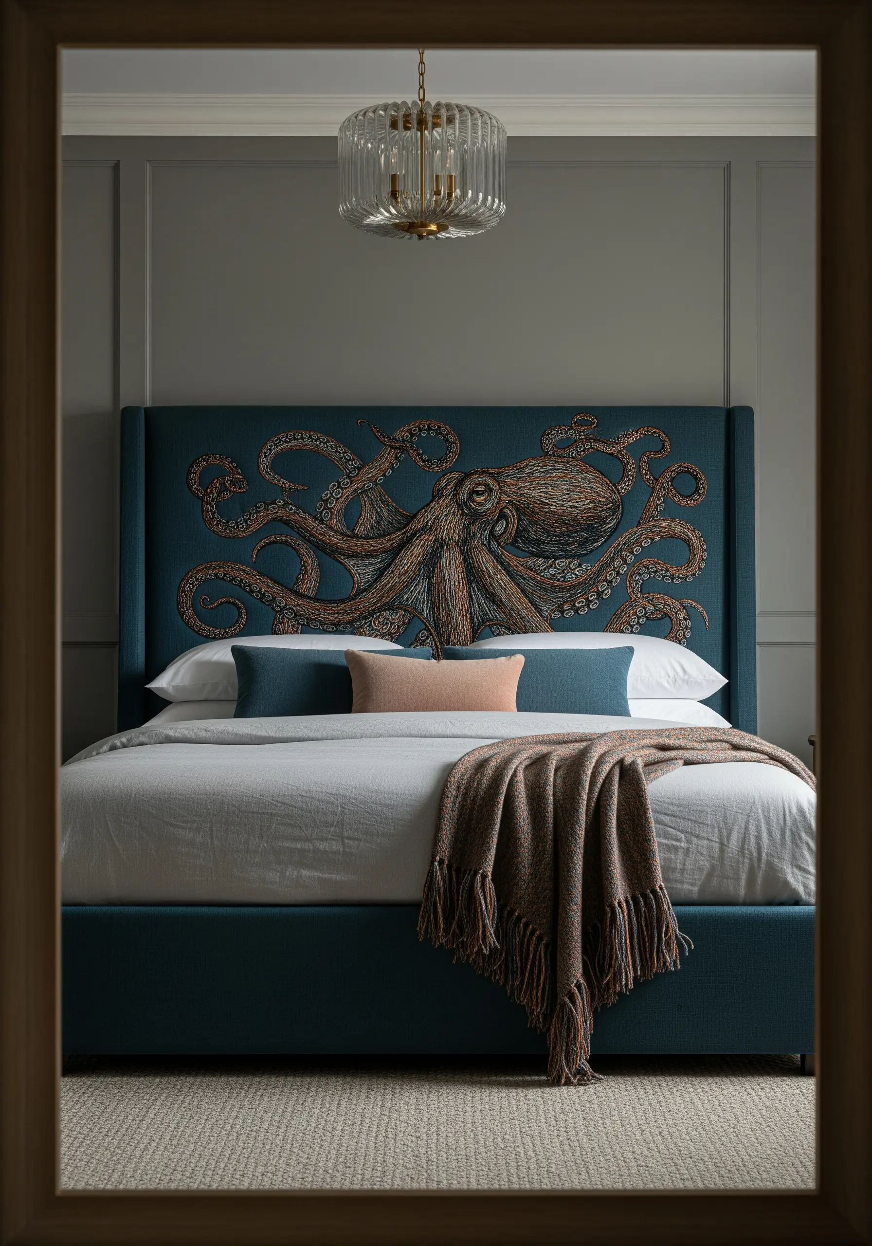 A large, detailed octopus embroidered directly onto a teal upholstered headboard.