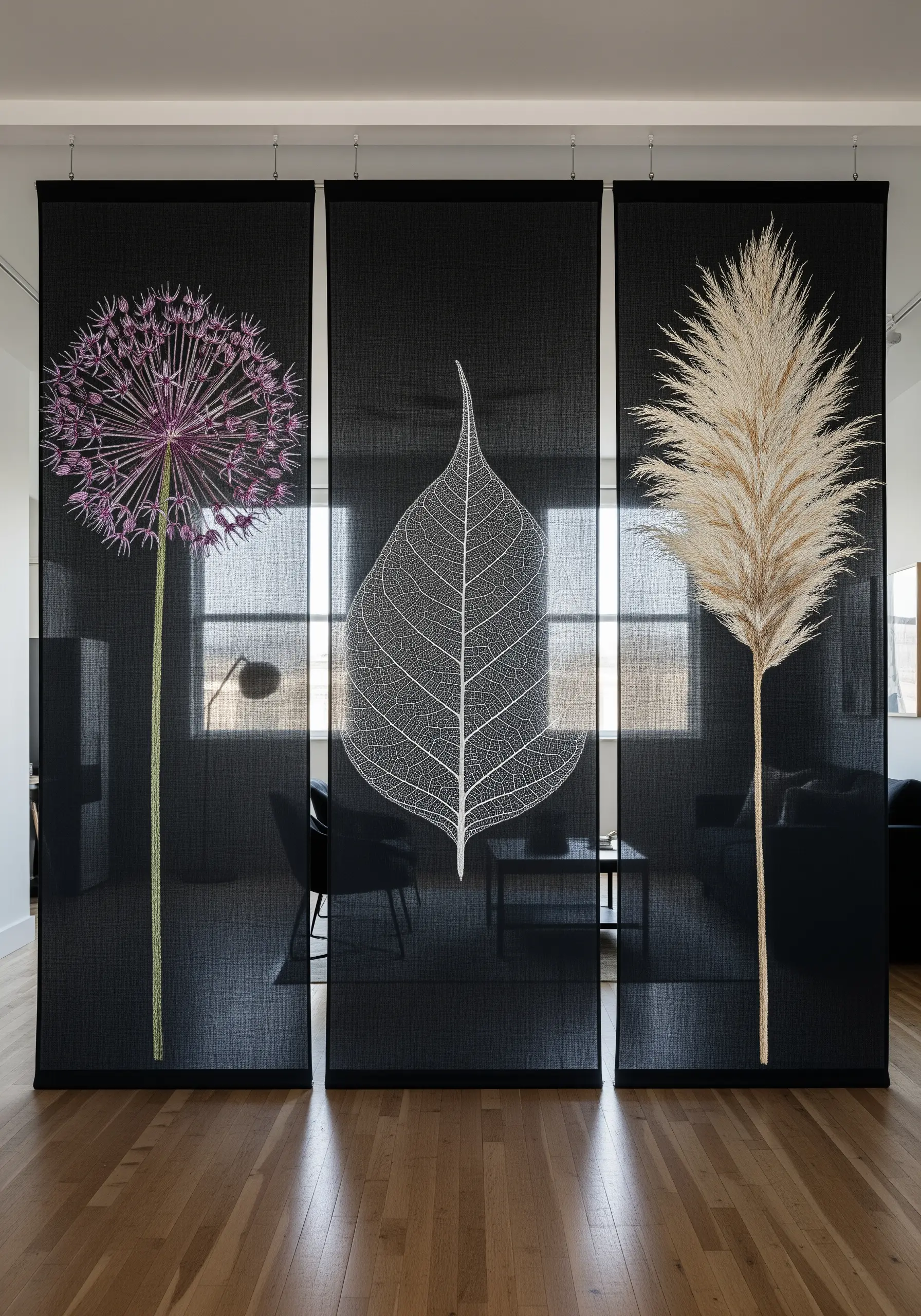 Three black mesh screen panels, each embroidered with a large, different botanical silhouette in light thread.