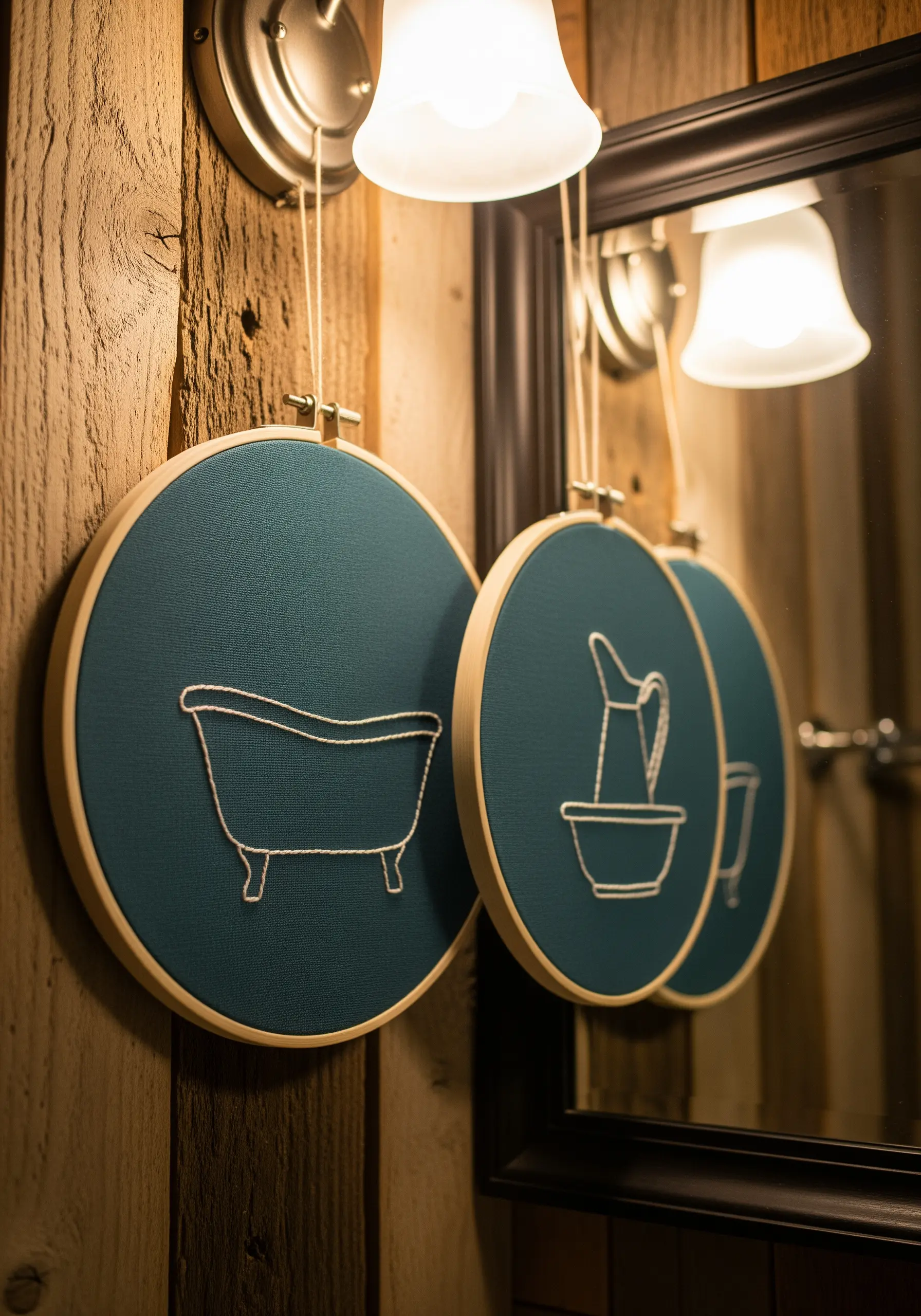 Minimalist line art embroidery of a bathtub and pitcher on dark teal fabric