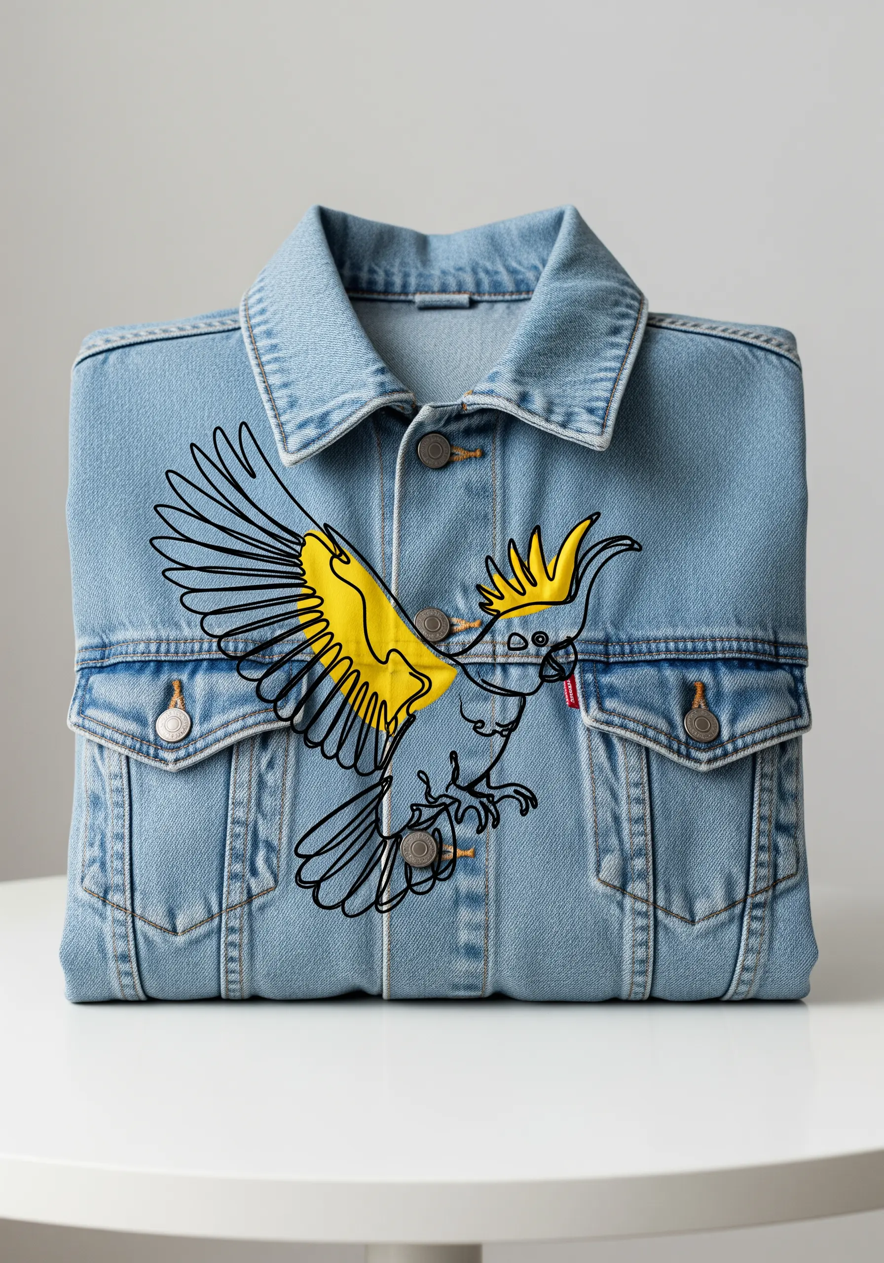 A minimalist line-art drawing of a cockatoo in black thread with a yellow wing accent.