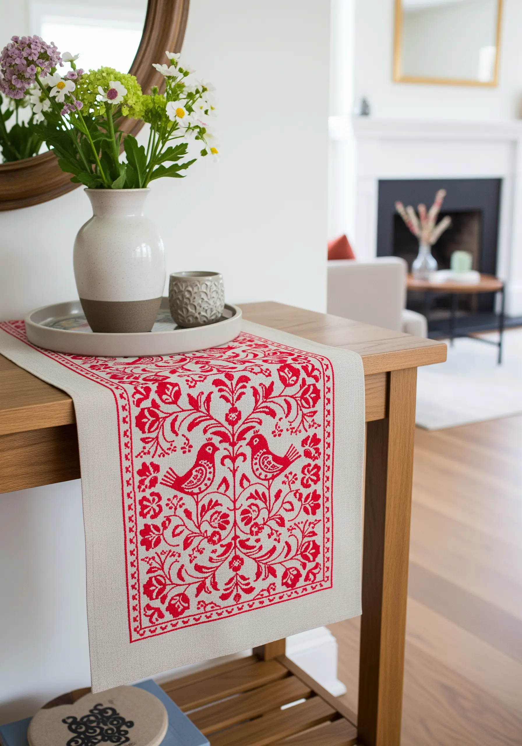 A linen table runner embroidered with a bold, red folk-art pattern featuring birds and flowers.