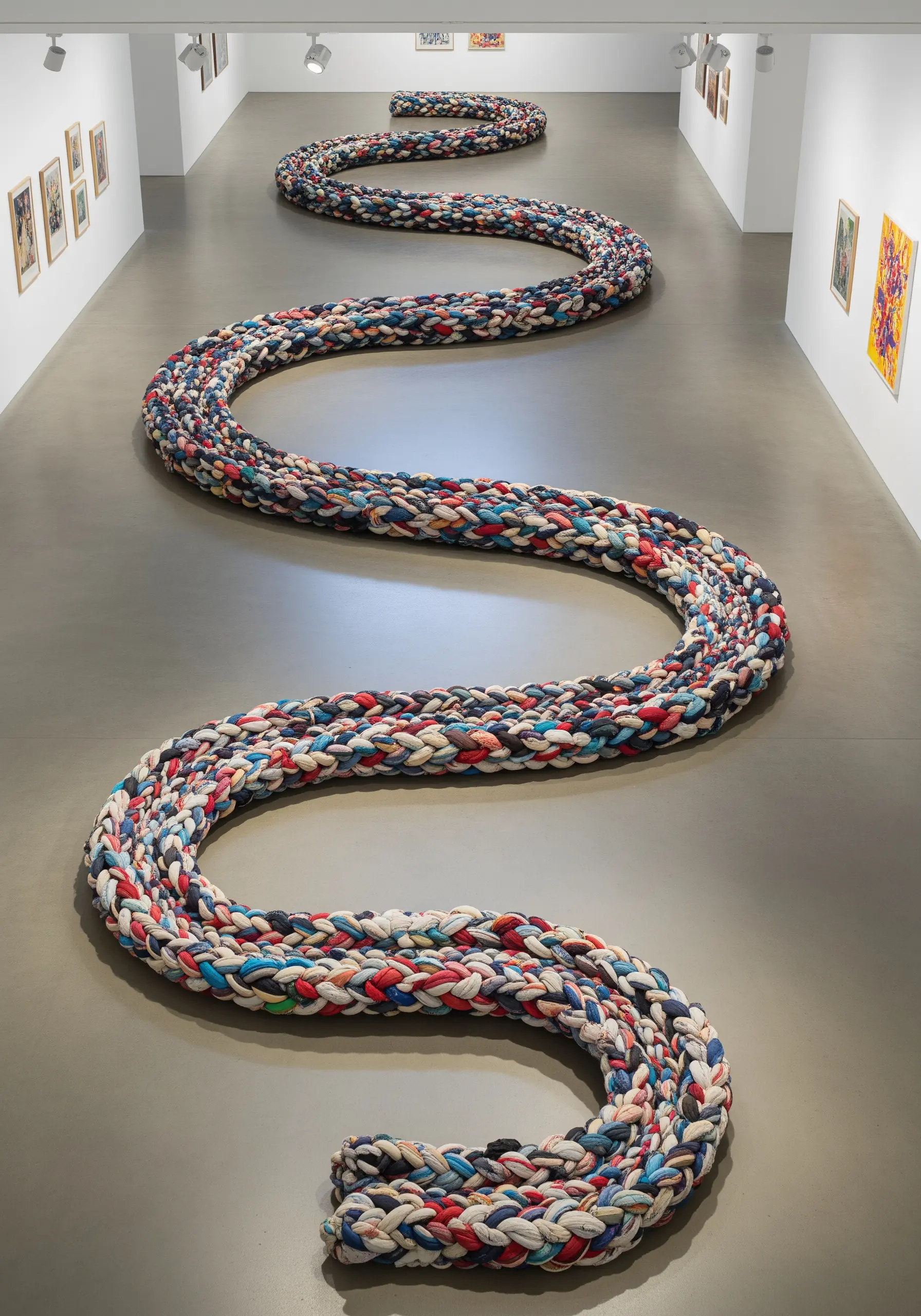 A very long, thick braid made of multicolored fabric scraps snaking across a gallery floor.