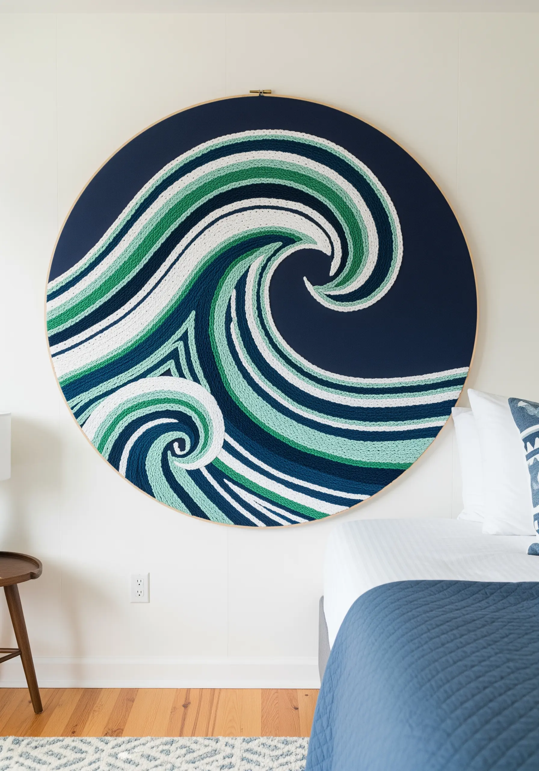 An oversized embroidery hoop with a large, abstract wave design in shades of green and blue.