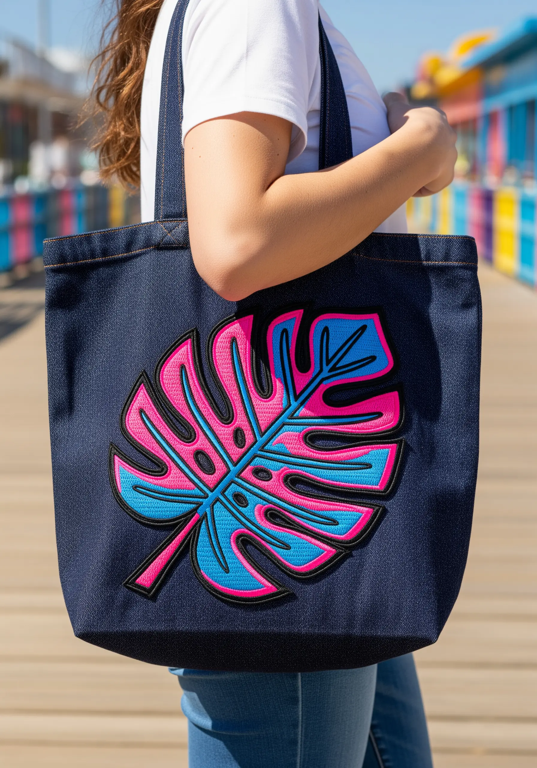 A graphic monstera leaf in bright pink and blue with a bold black outline on a denim tote.