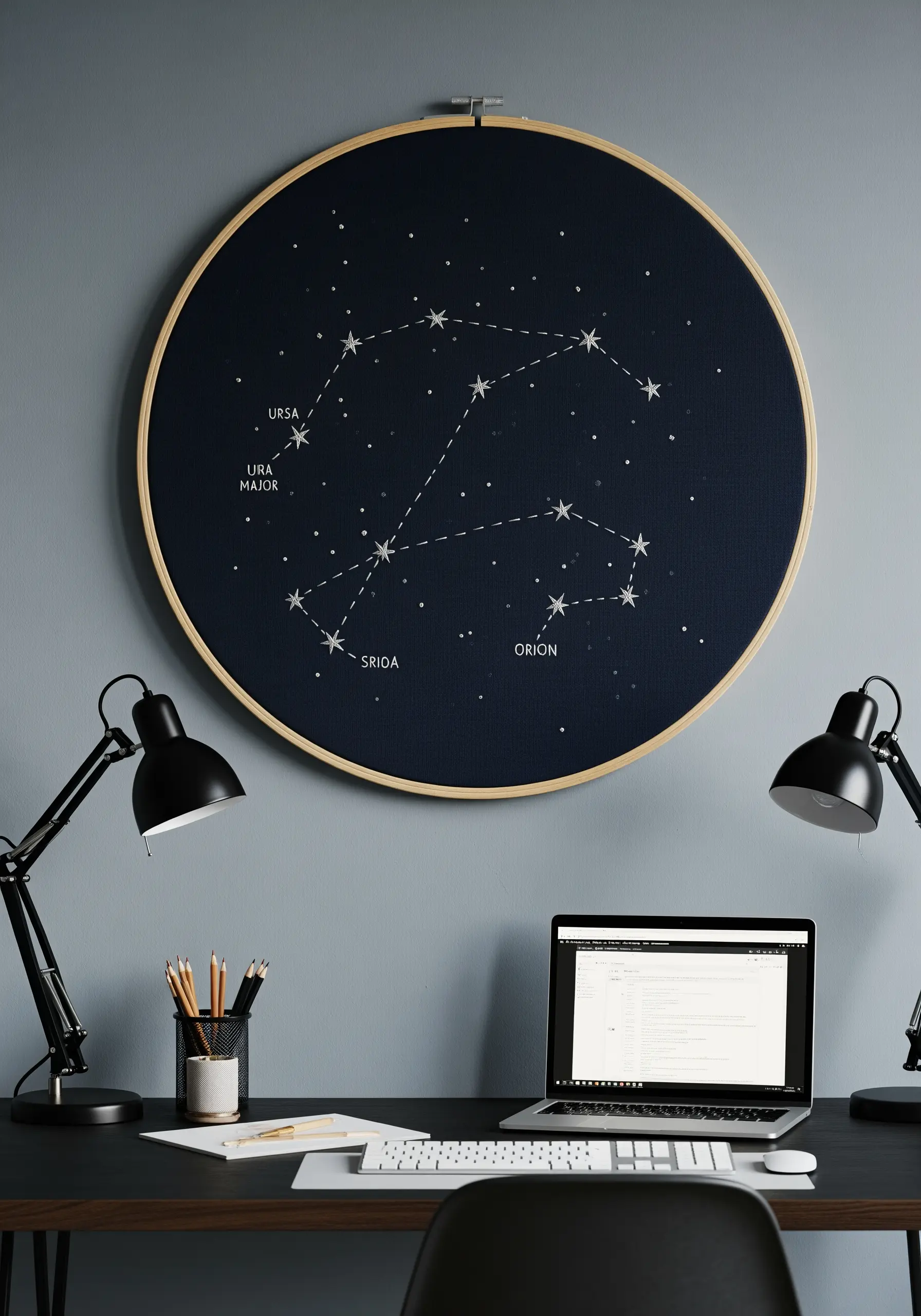 A very large embroidery hoop featuring constellations stitched in white on navy fabric over a desk.