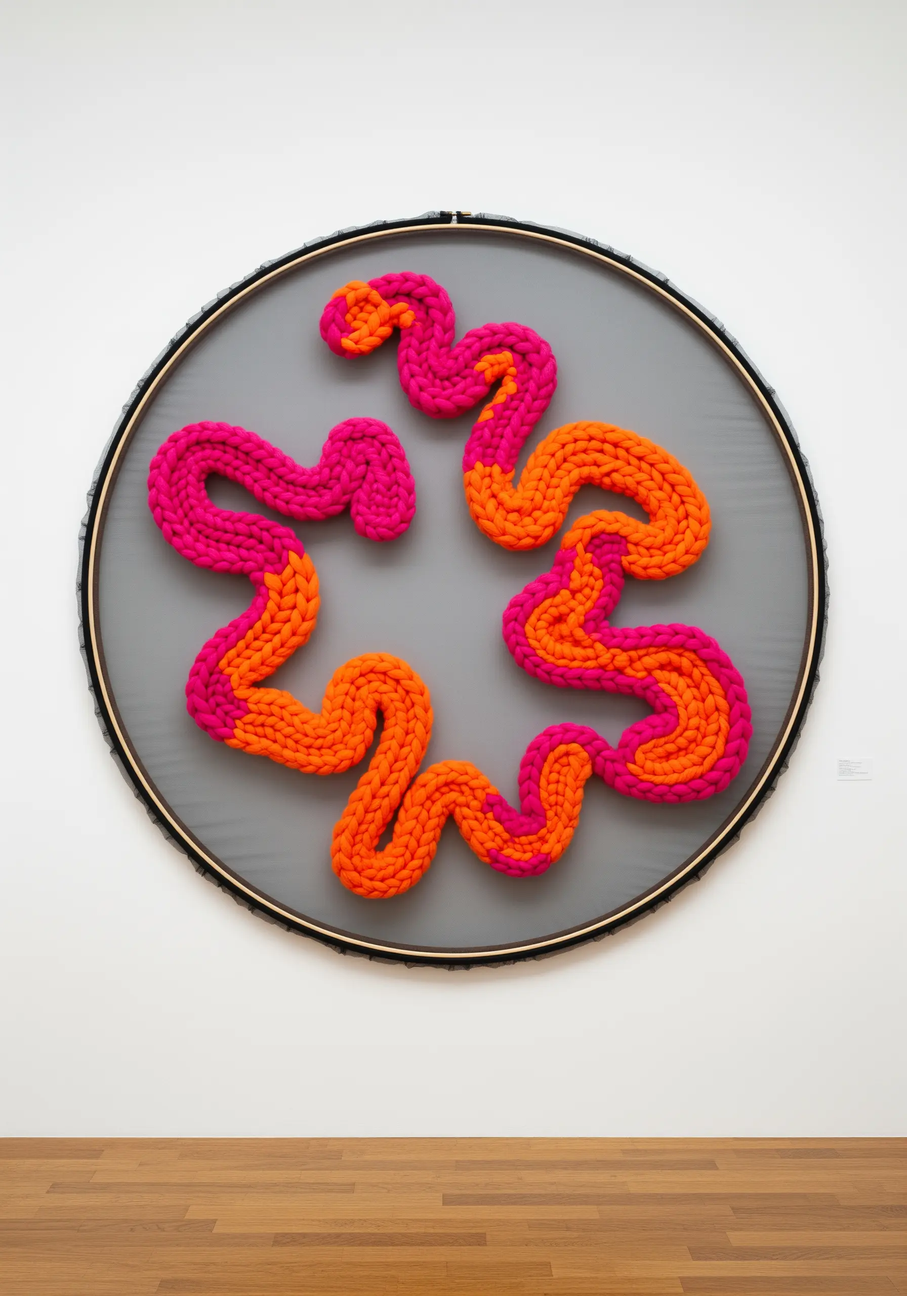 A large hoop displaying a bold, abstract shape made from thick pink and orange yarn.