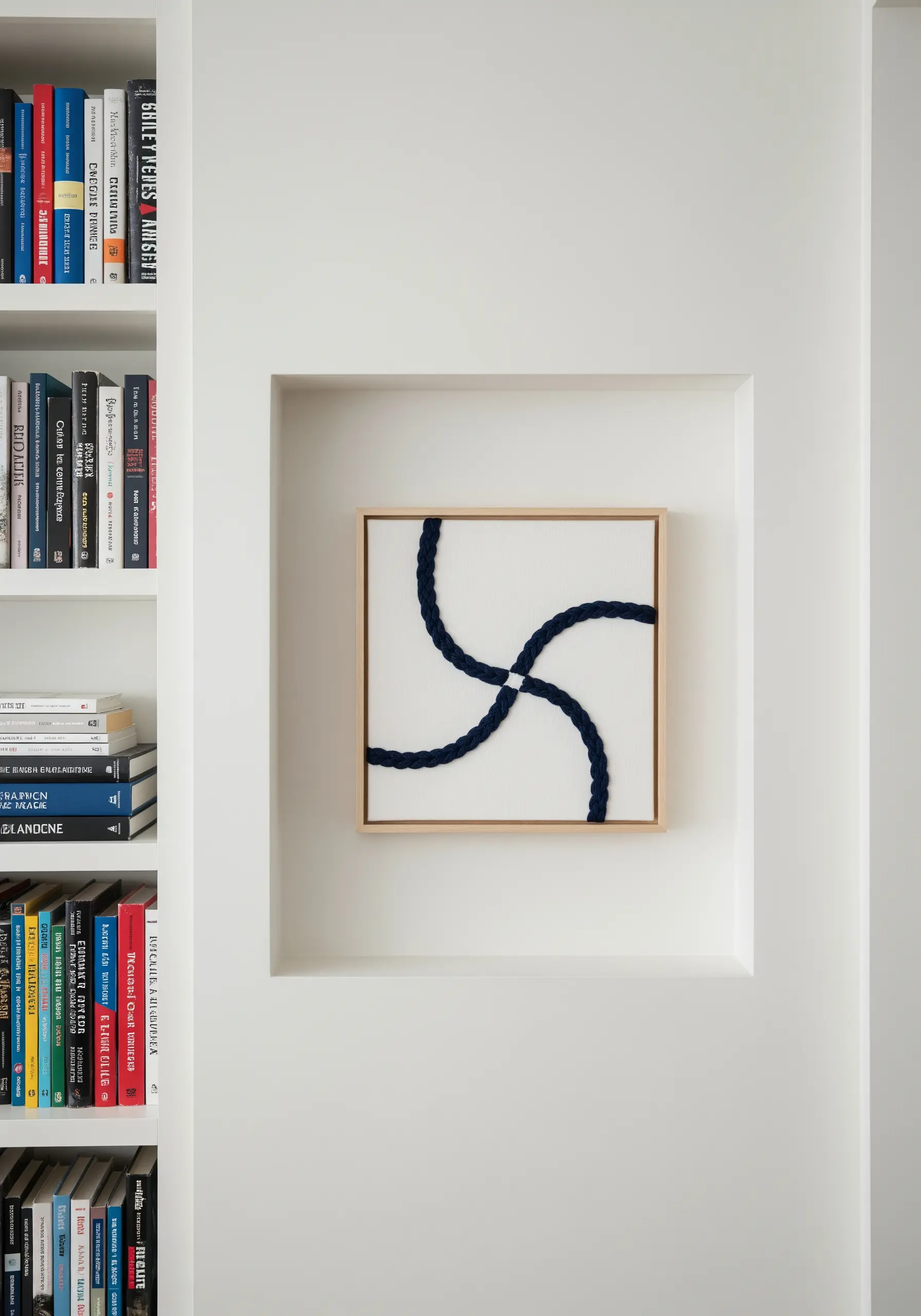 A single piece of thick navy yarn couched in a swirl on white fabric, framed in a wall niche.