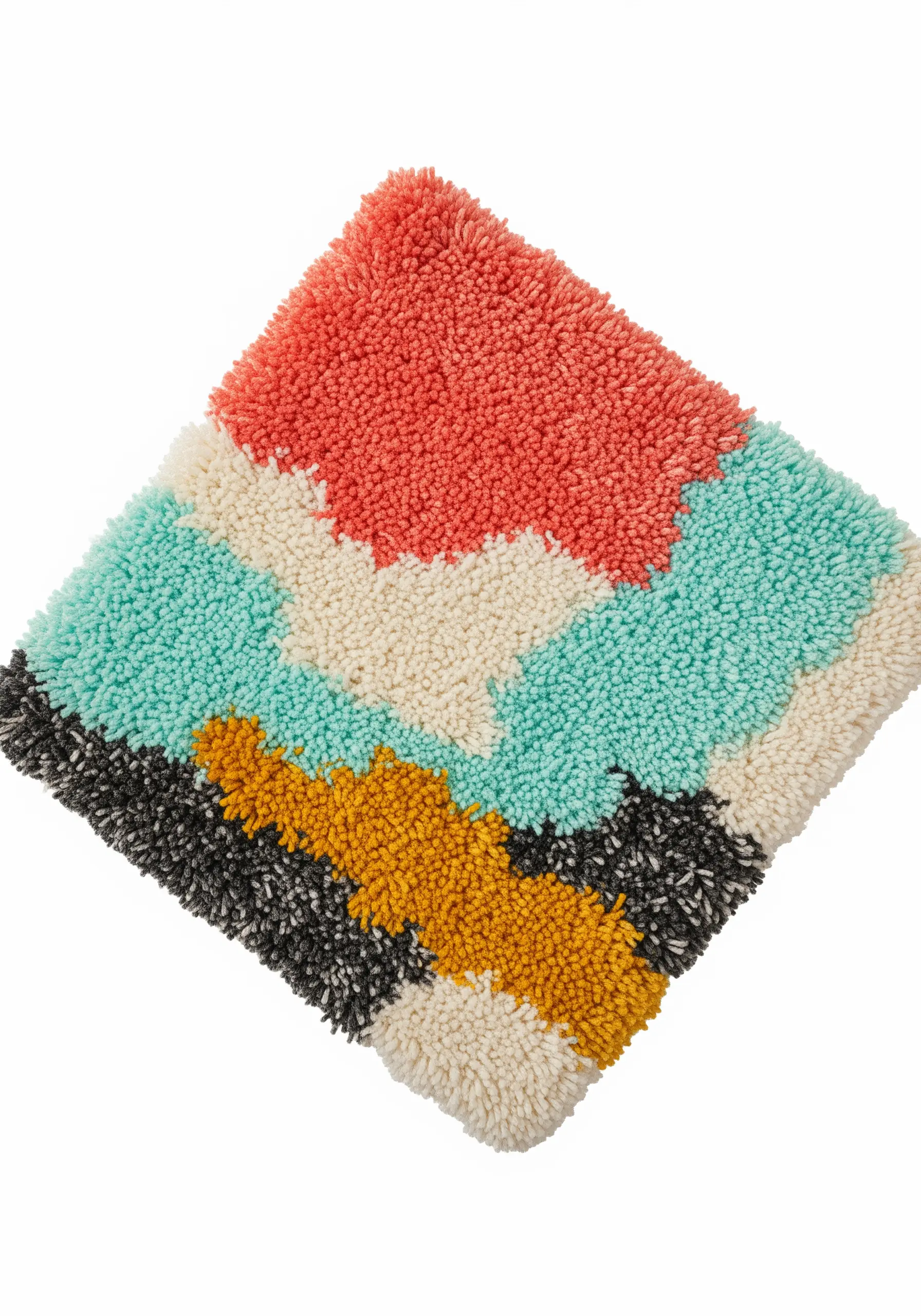 A colorful, abstract punch needle mat with a plush, tufted texture in coral, teal, and yellow.