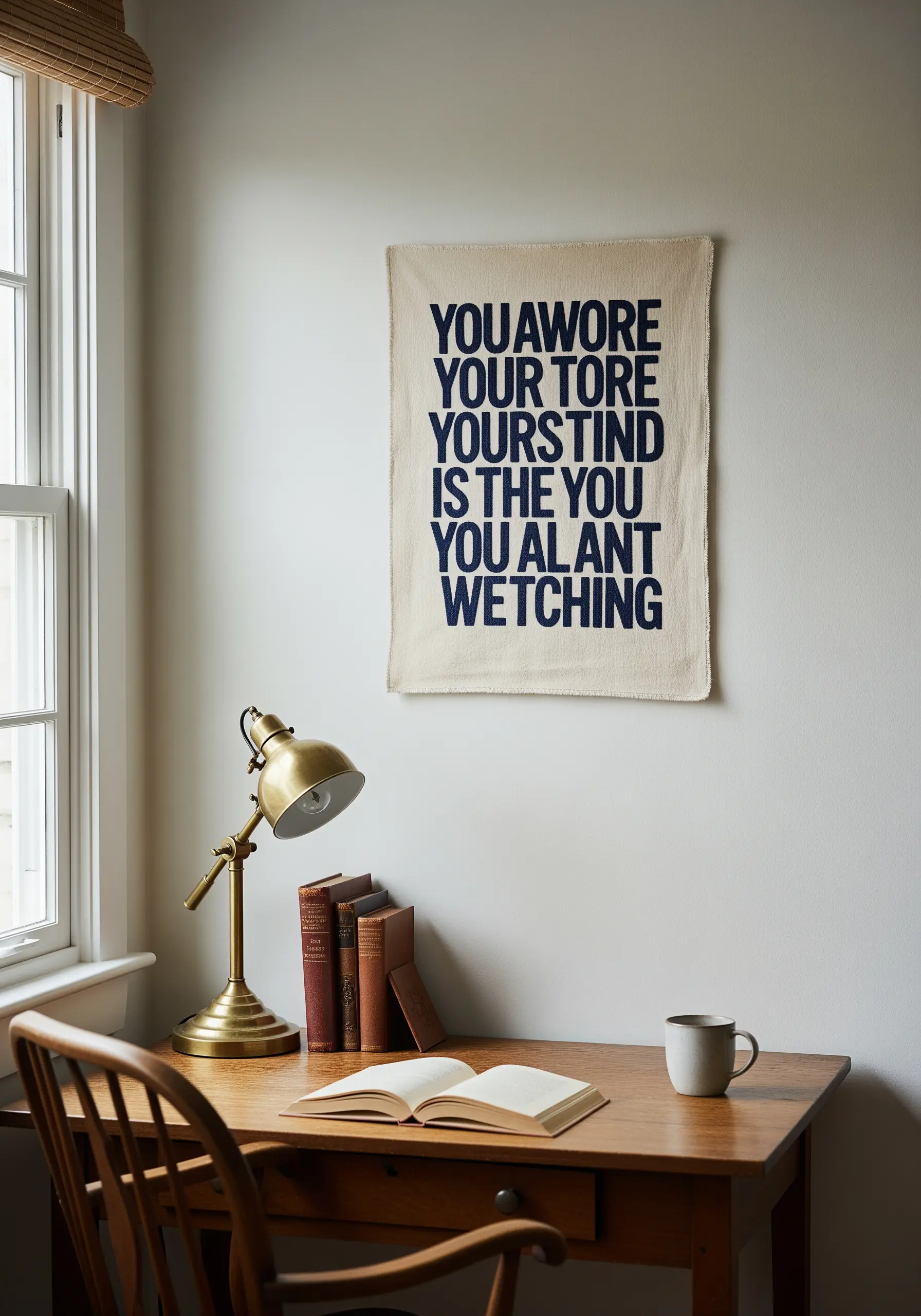 An embroidered quote tapestry in a bold, dark blue font on a neutral canvas.