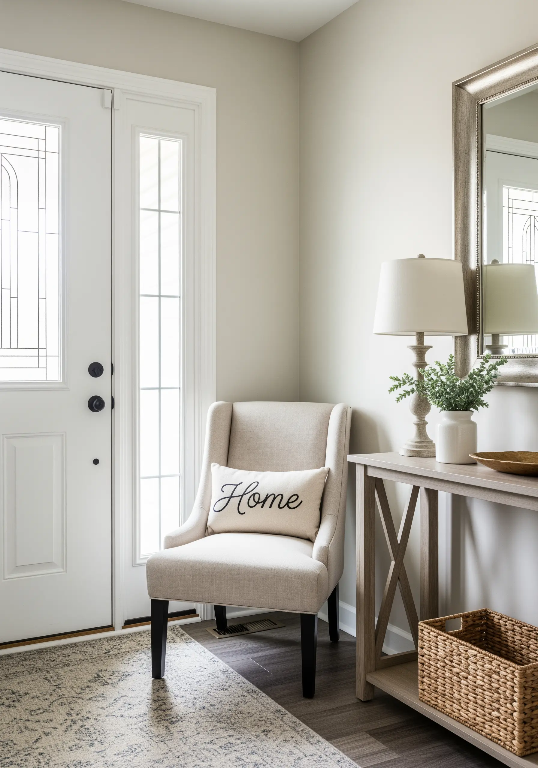 A lumbar pillow in an entryway with the word 'Home' in classic black script.