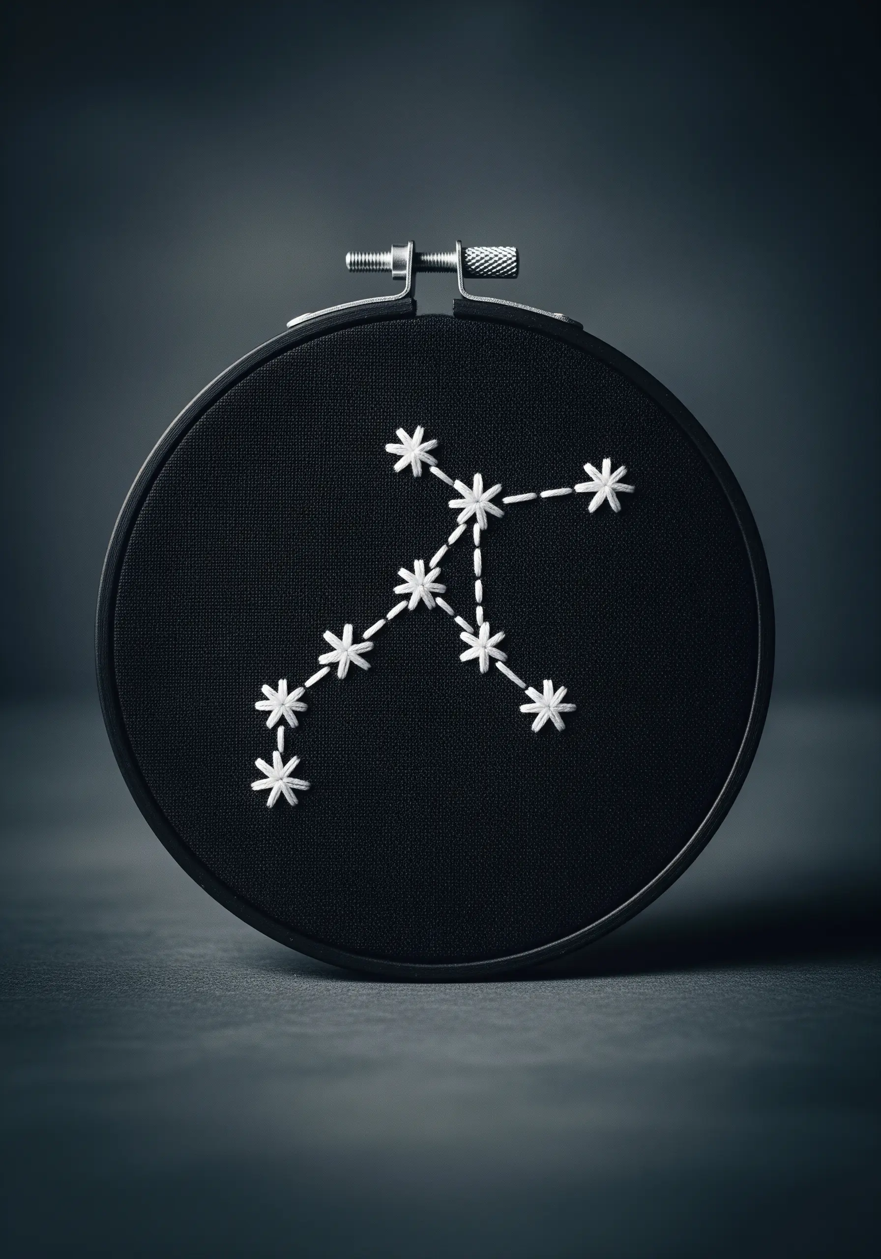 A minimalist star constellation embroidered with white star stitches on black fabric.