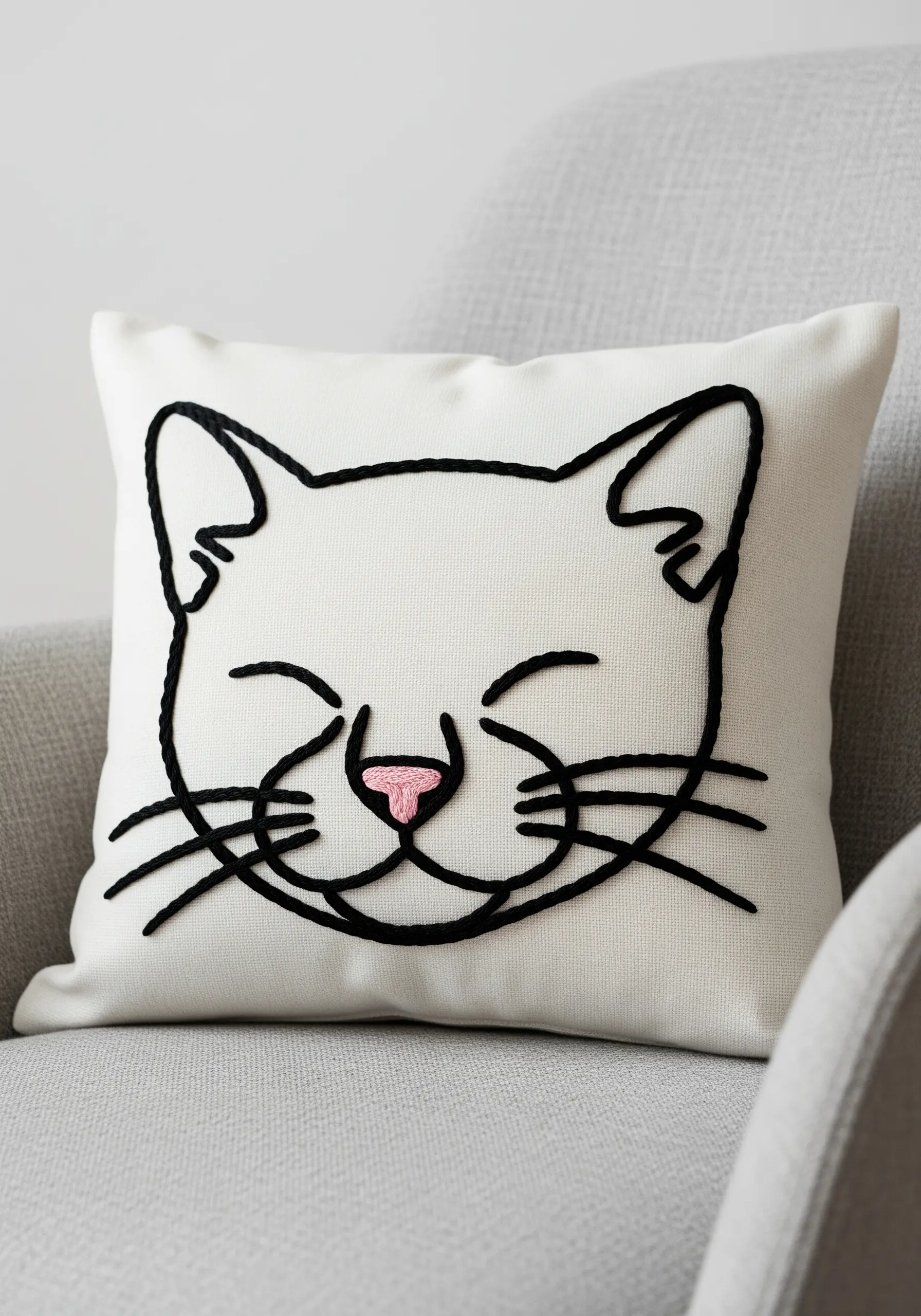A minimalist cat face outlined in thick black thread on a white pillow.