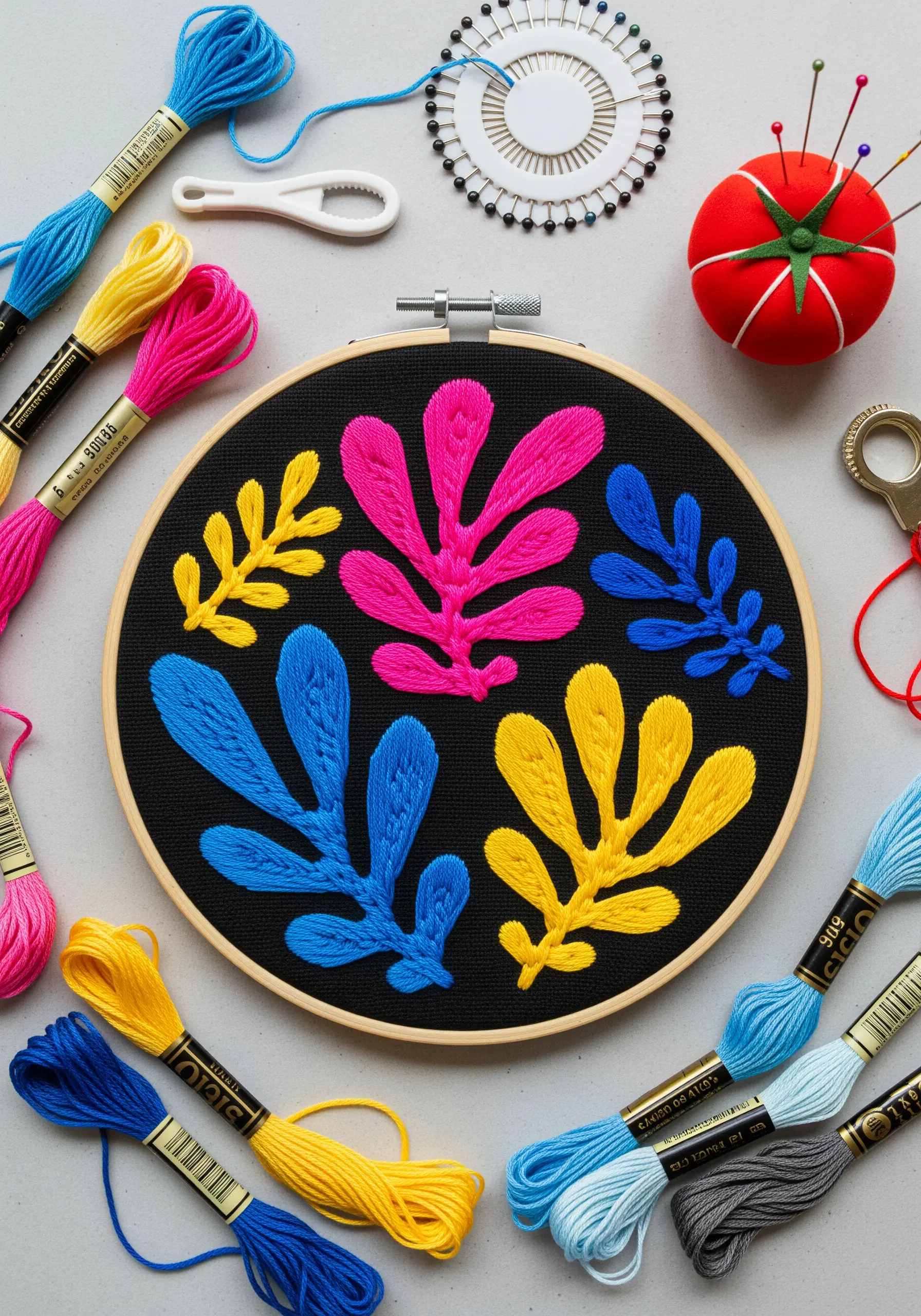 Vibrant, Matisse-style leaves in pink, yellow, and blue stitched on black fabric.