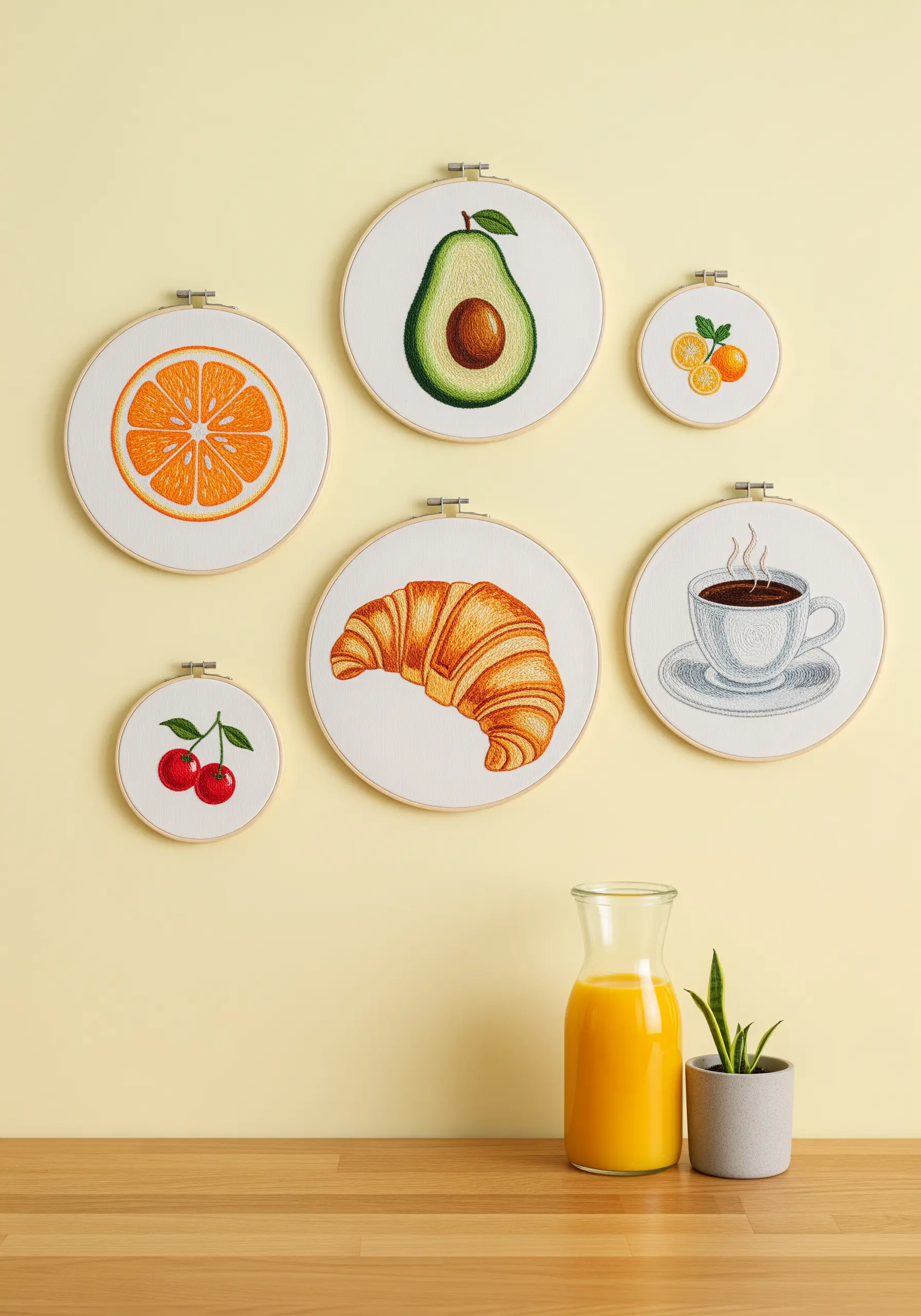 A collection of embroidery hoops featuring a croissant, avocado, orange slice, and coffee.