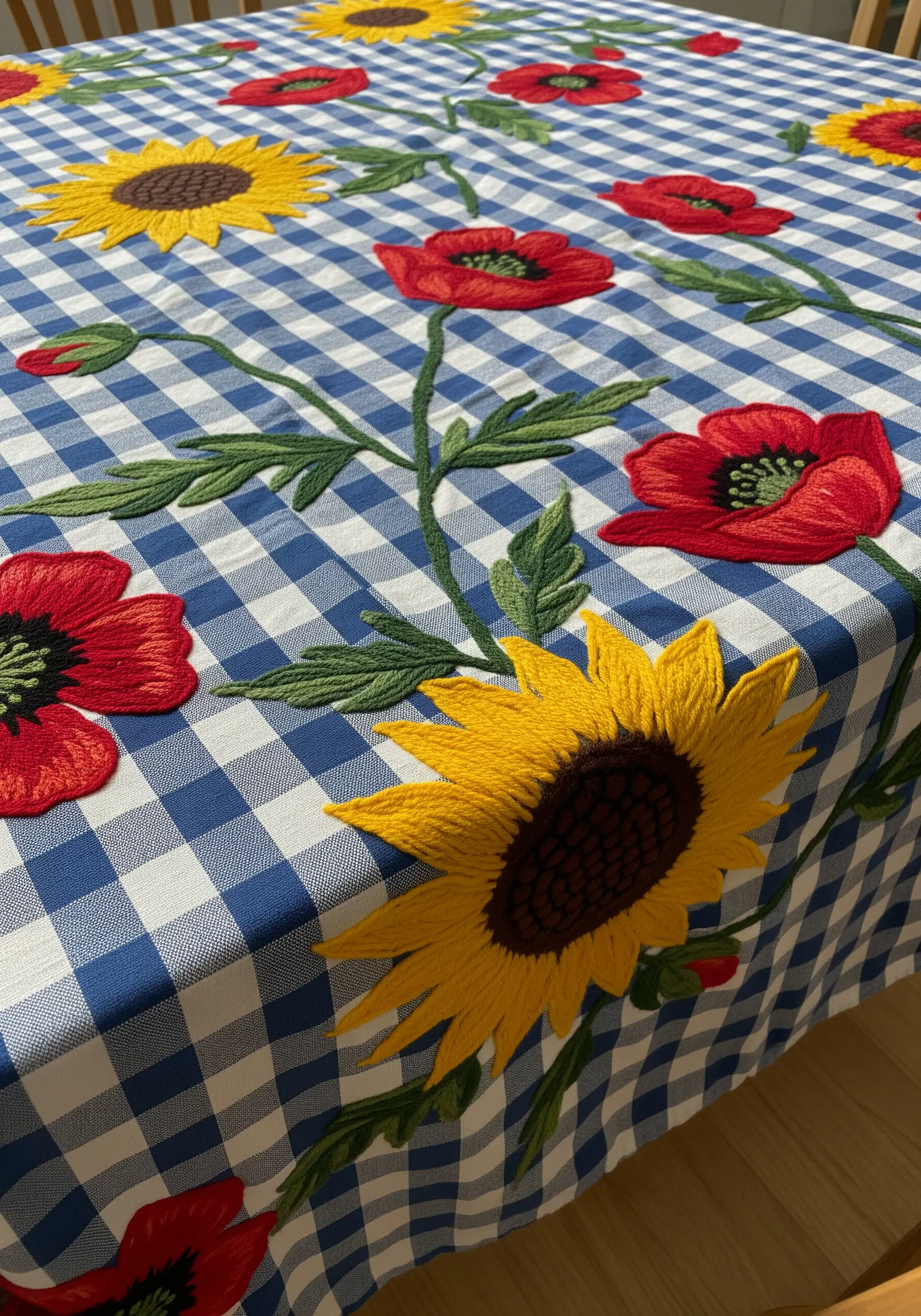 Boldly embroidered sunflowers and poppies on a blue and white gingham tablecloth.