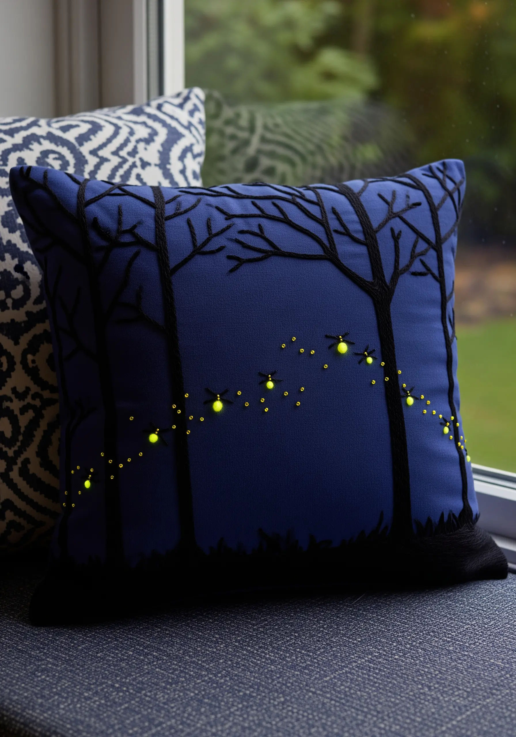 A dark blue pillow embroidered with tree silhouettes and glowing yellow fireflies.