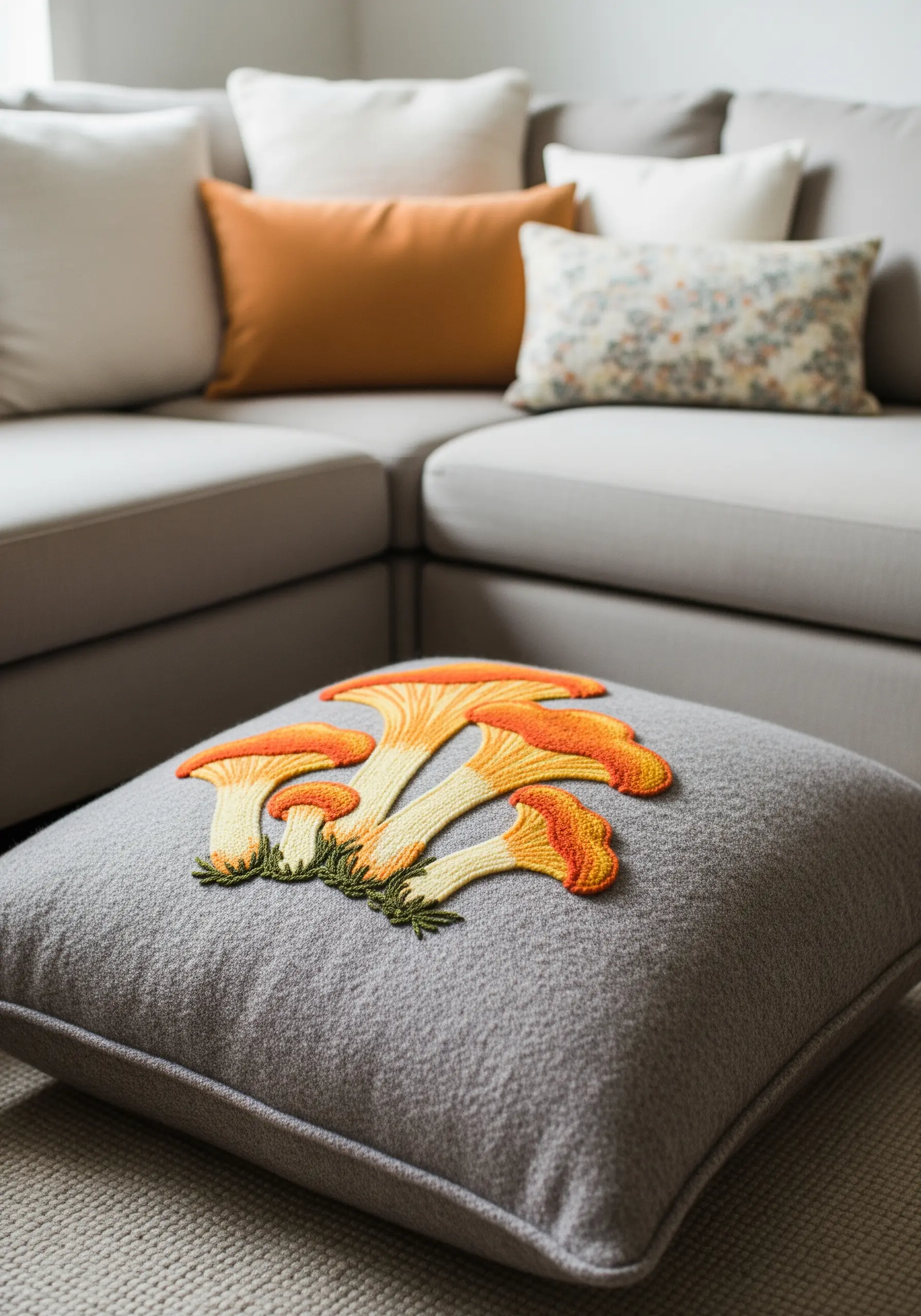 A gray wool cushion with a raised embroidery of three orange chanterelle mushrooms.
